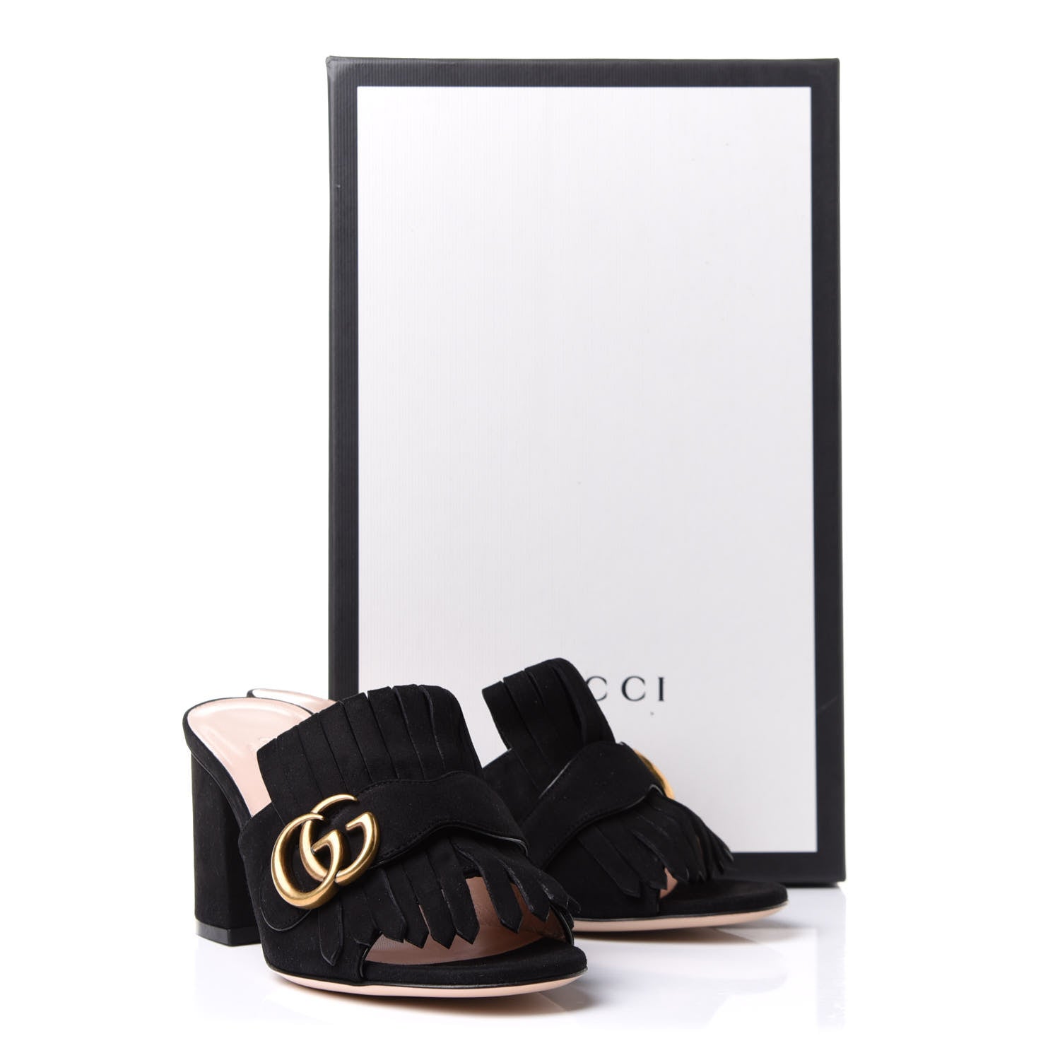 Gucci Kid Scamosciato GG Marmont Fringe 75mm Slide Sandals 35.5 Black 11 of 11