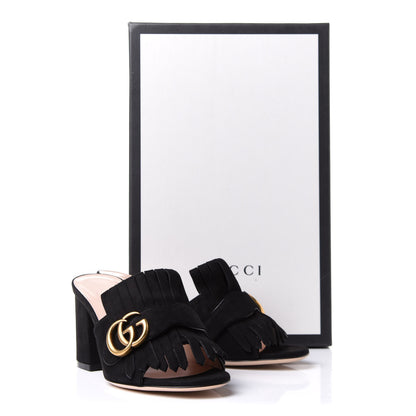 Gucci Kid Scamosciato GG Marmont Fringe 75mm Slide Sandals 35.5 Black 11 of 11