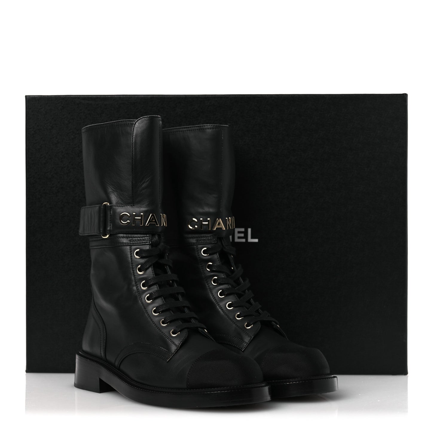 Calfskin Grosgrain Lace Up Combat Boots 38.5 Black