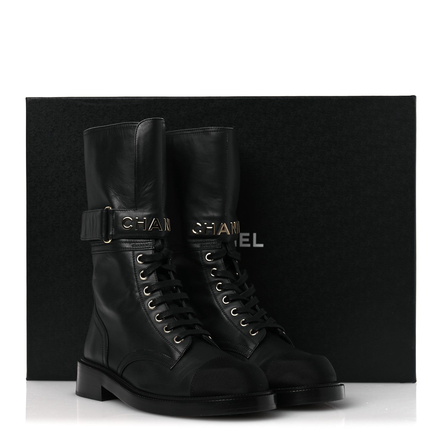 Chanel Calfskin Grosgrain Lace Up Combat Boots 38.5 Black 12 of 12