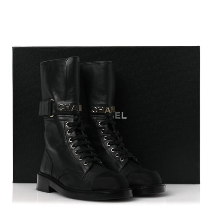 Chanel Calfskin Grosgrain Lace Up Combat Boots 38.5 Black 12 of 12