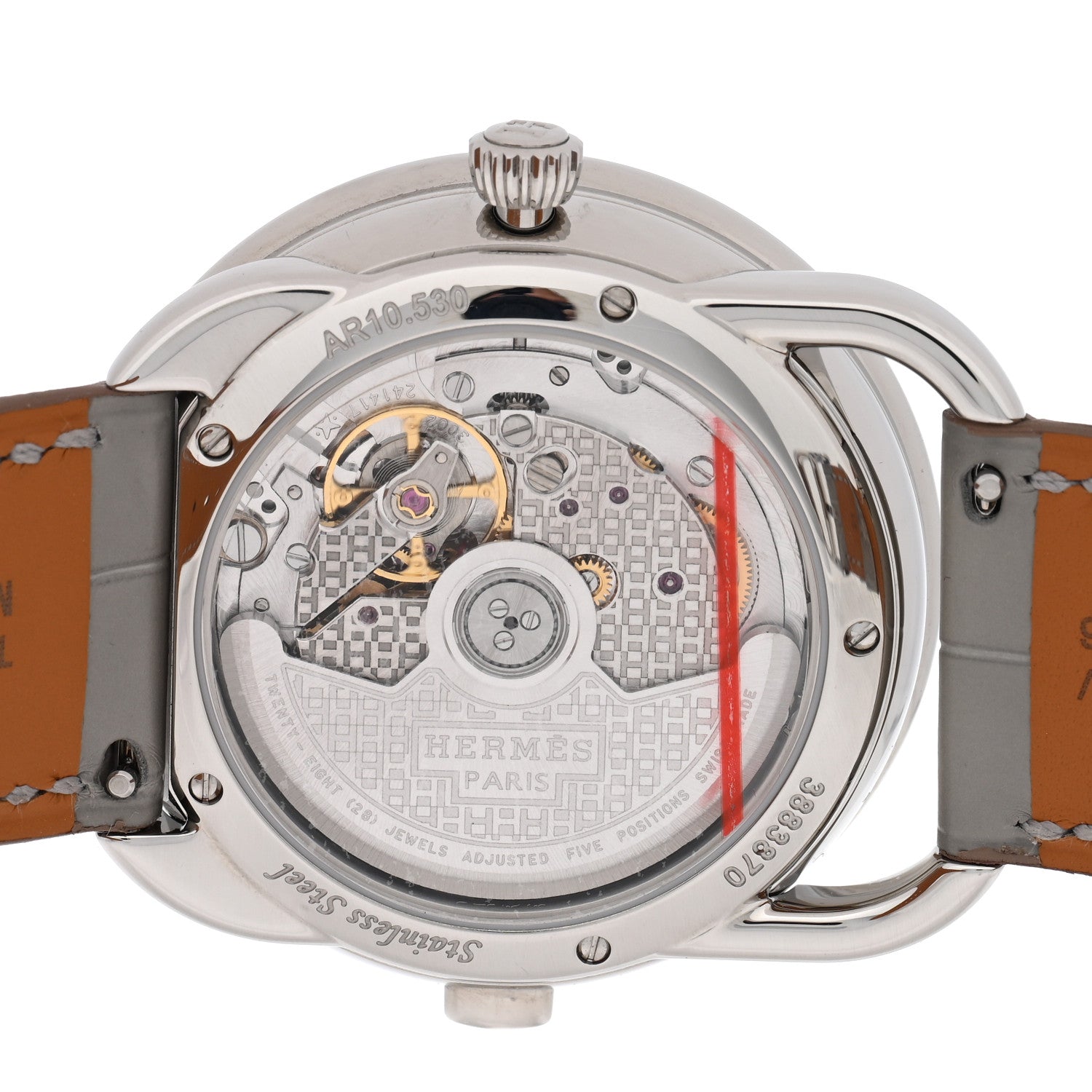 Hermes Stainless Steel Alligator Diamond Bezel Mother of Pearl 38mm Arceau Le Temps Voyageur Automatic Watch Gris Perle 4 of 5