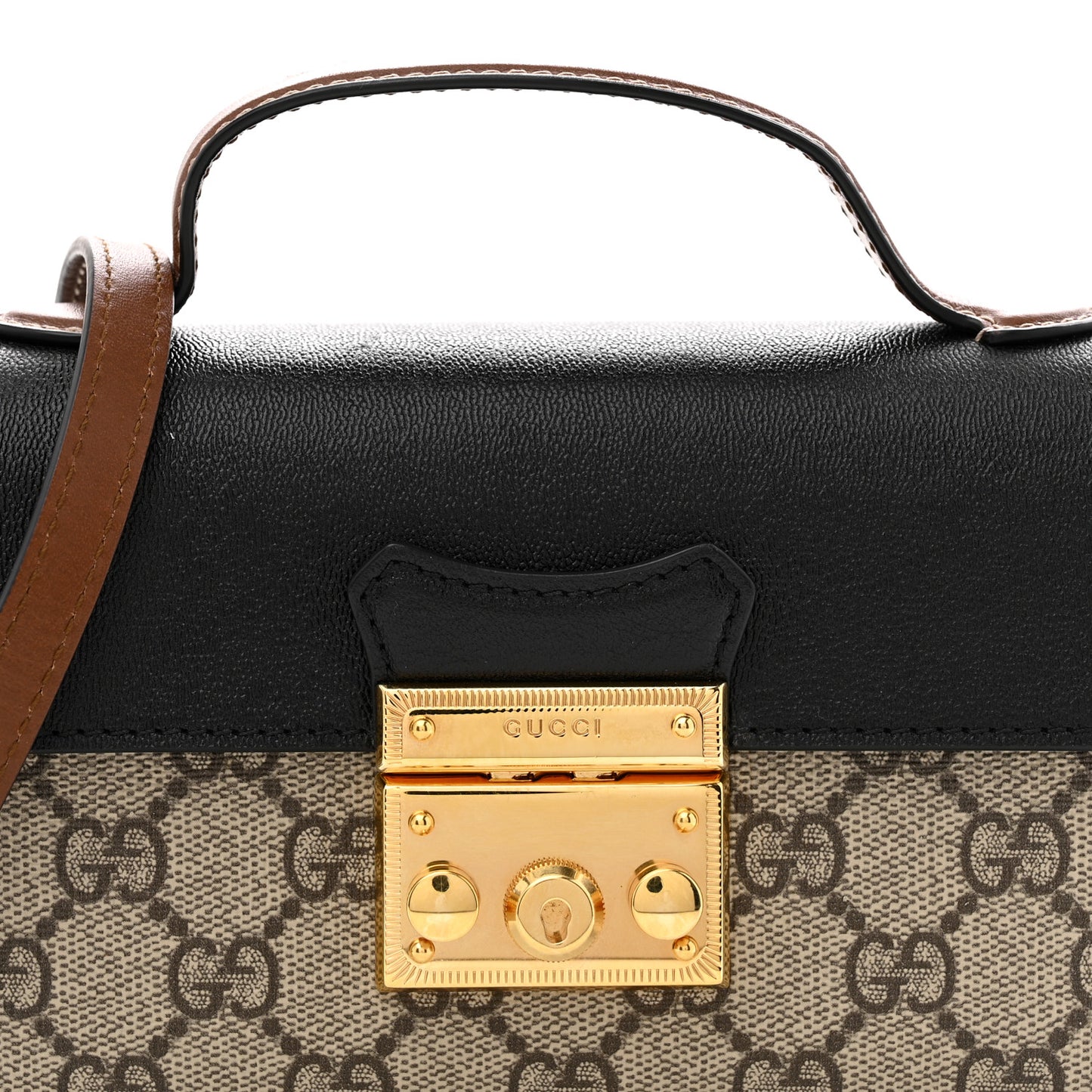 GG Supreme Monogram Calfskin Mini Padlock Top Handle Shoulder Bag Beige Black Cuir