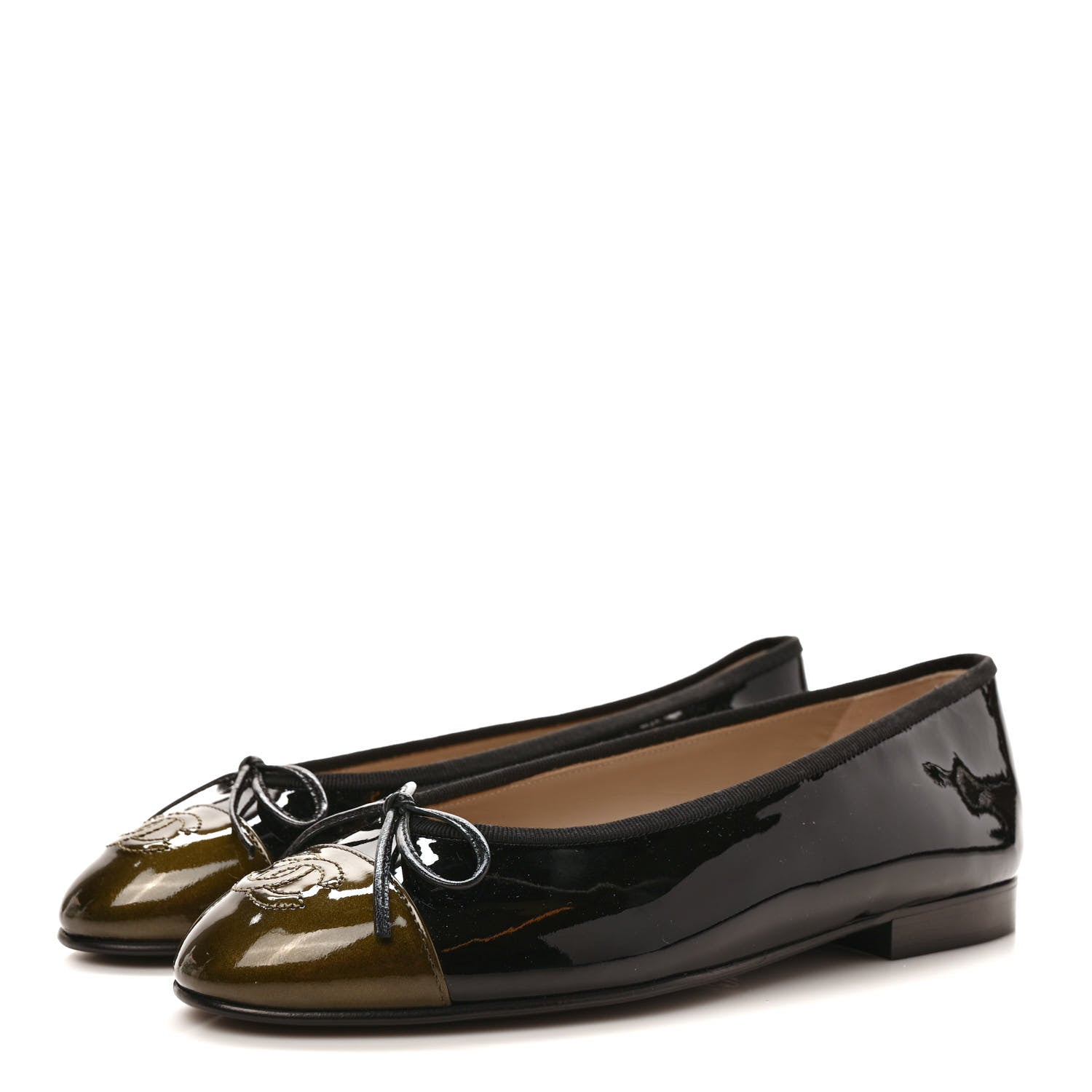 Chanel Patent CC Cap Toe Ballerina Flats 36 Black Kaki Clair 3 of 9