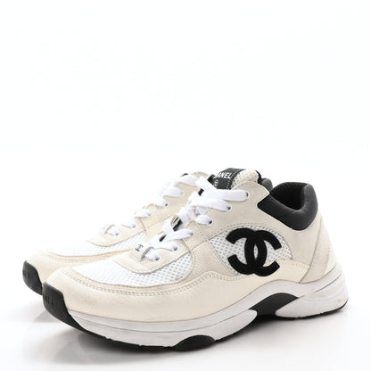 Chanel Mesh Suede Calfskin Grained Calfskin Womens CC Sneakers 39.5 White Black 4 of 8