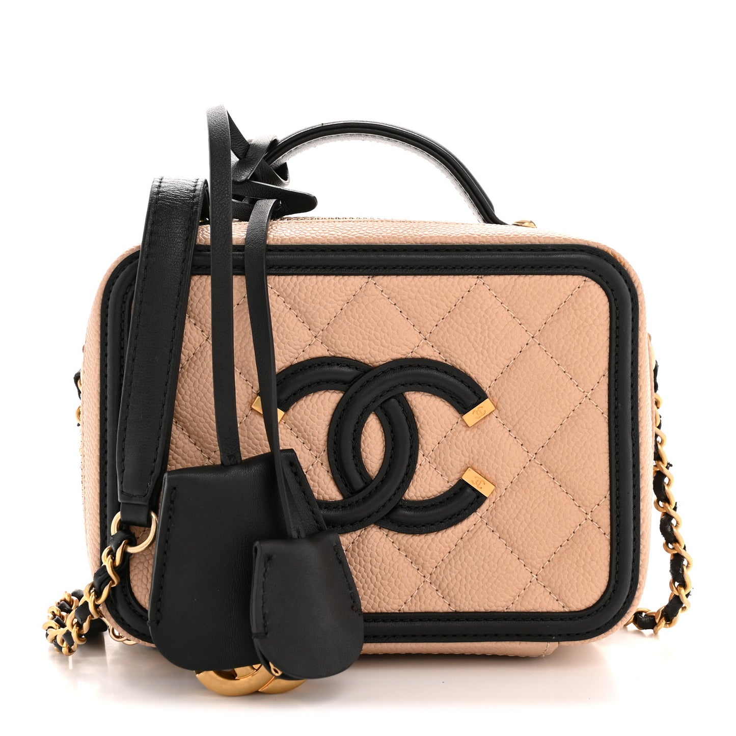 Caviar Quilted Small CC Filigree Vanity Case Beige Black