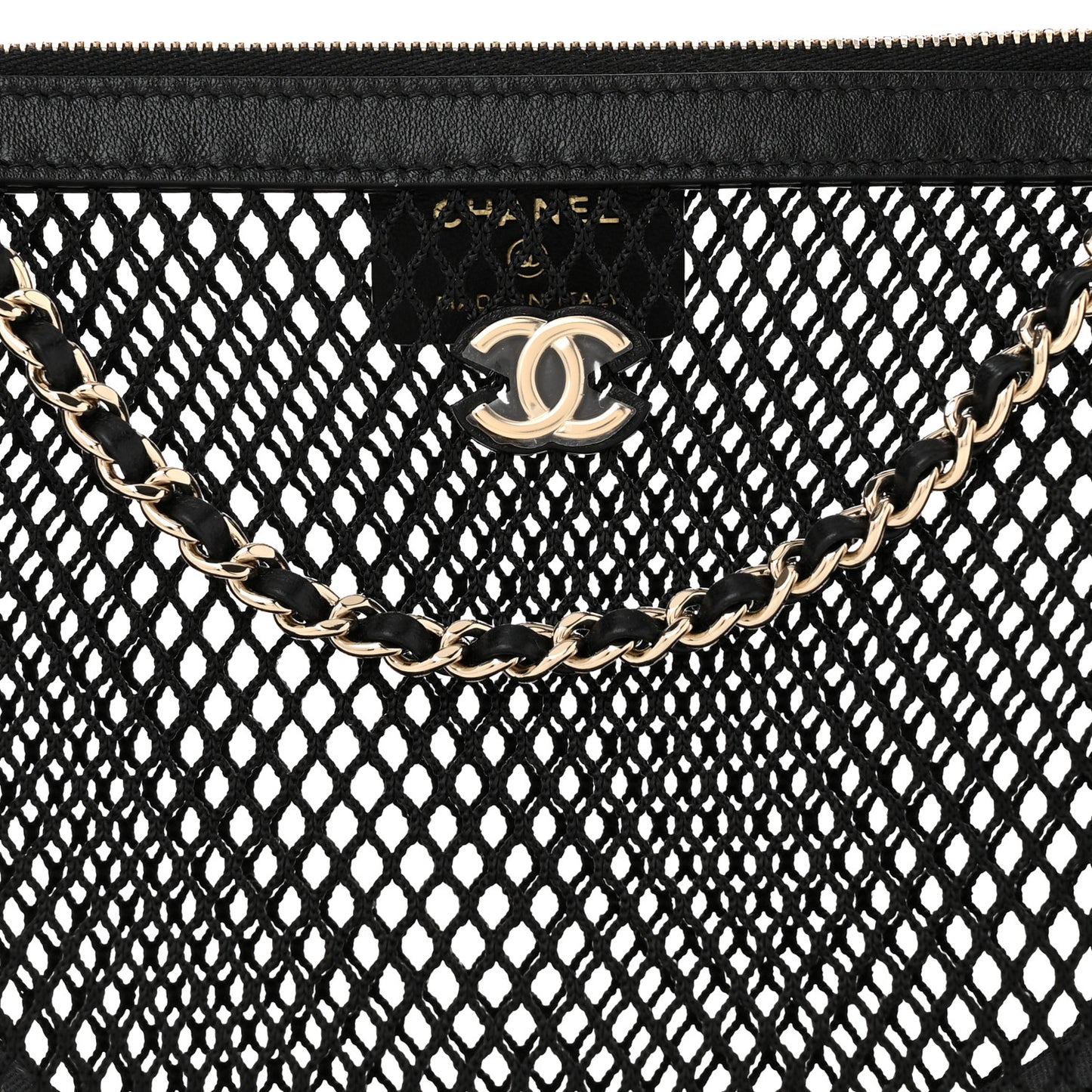 Mesh Shiny Lambskin Chain Hobo Black