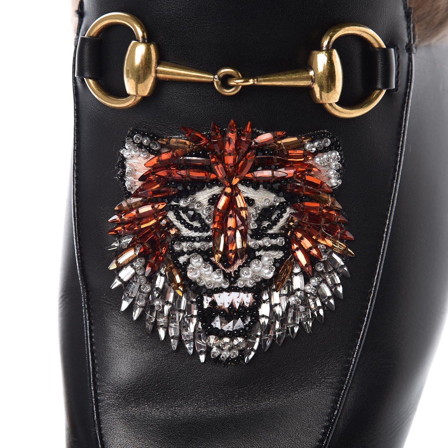 Calfskin Fur Crystal Tiger Embroidered Mens Princetown Slippers 11 Black