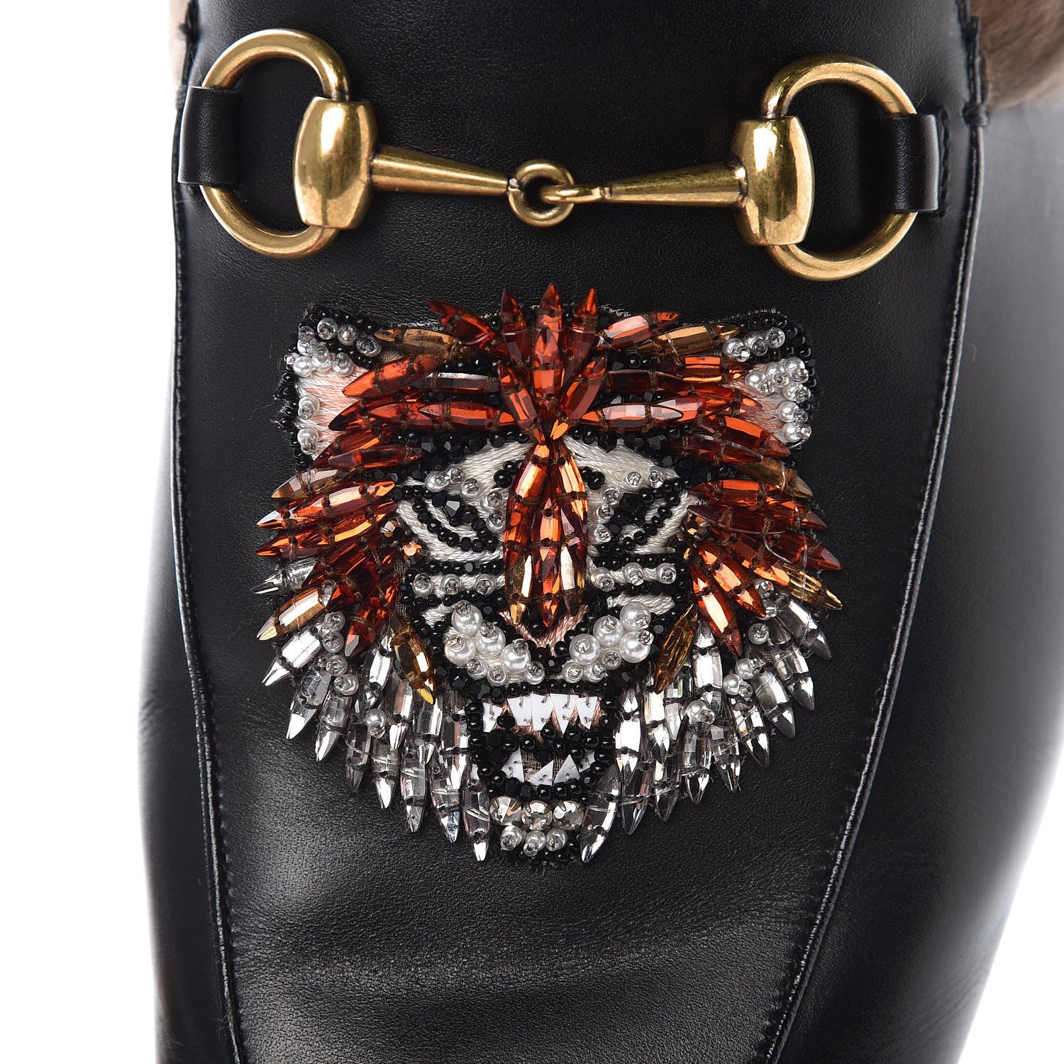 Gucci Calfskin Fur Crystal Tiger Embroidered Mens Princetown Slippers 11 Black 7 of 11