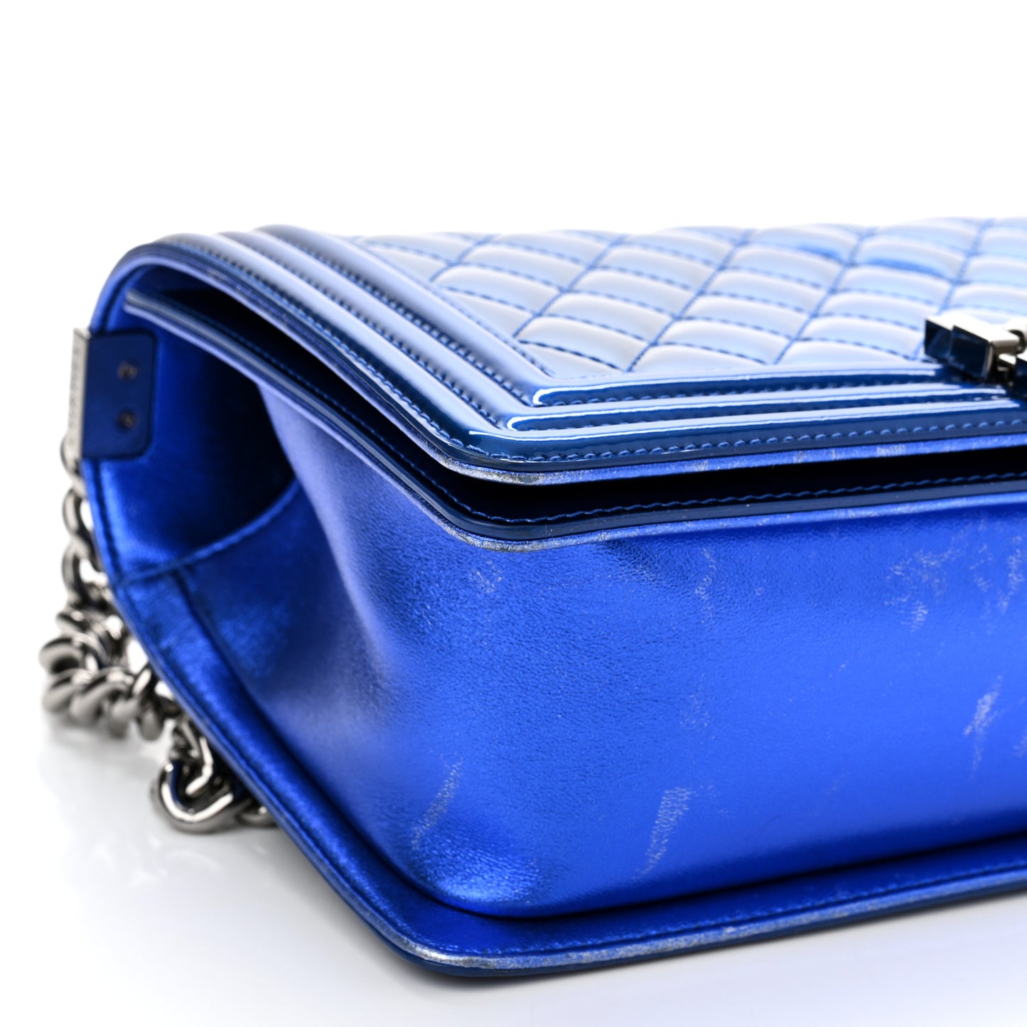 Metallic Patent Quilted Medium Boy Flap Blue