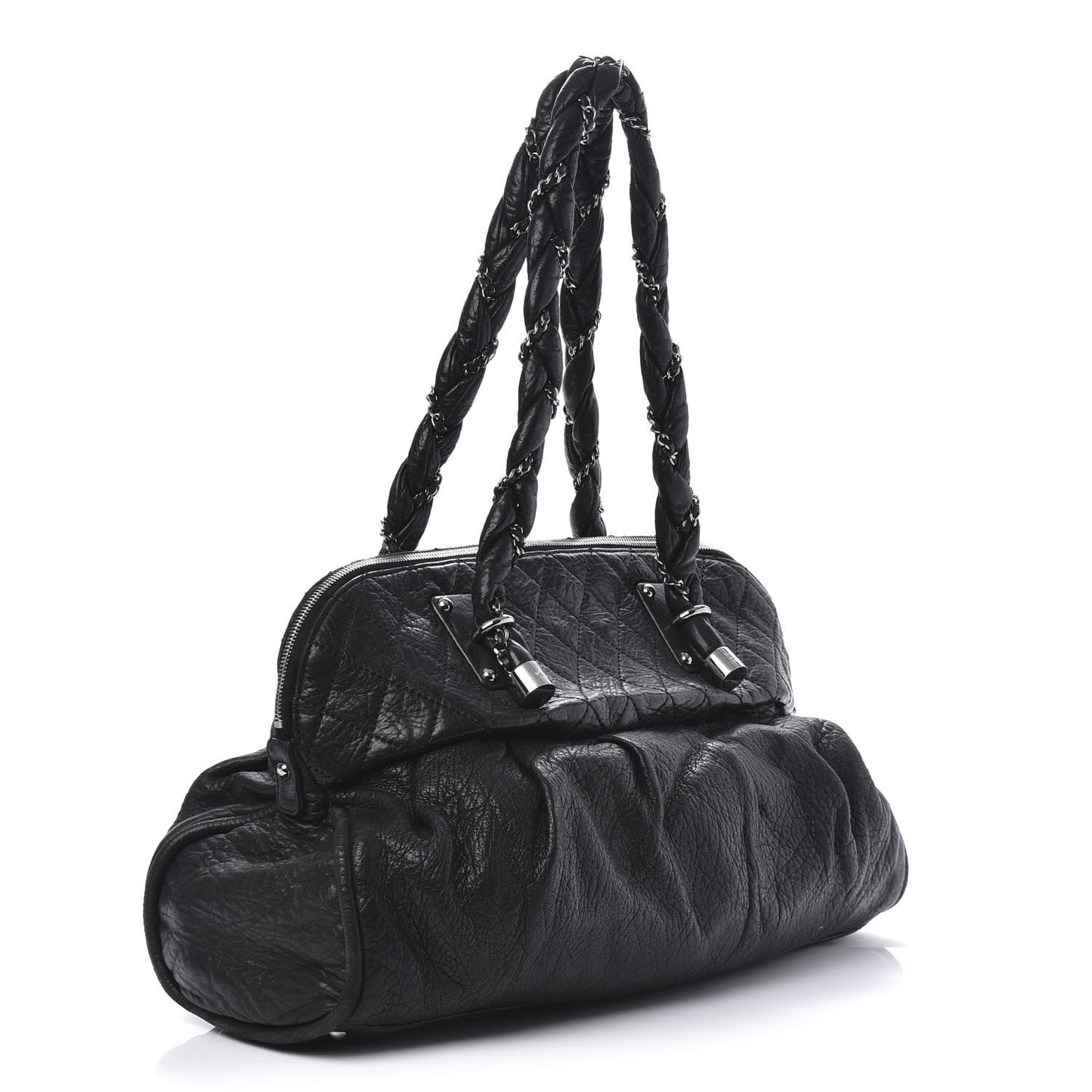 Distressed Lambskin Large Lady Braid Satchel Black