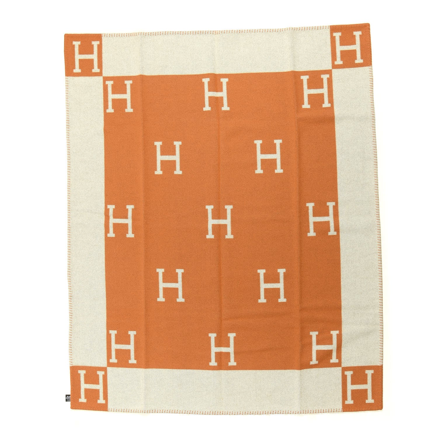 Hermes Wool Cashmere Signature Classic Avalon Blanket Ecru Potiron 1 of 2