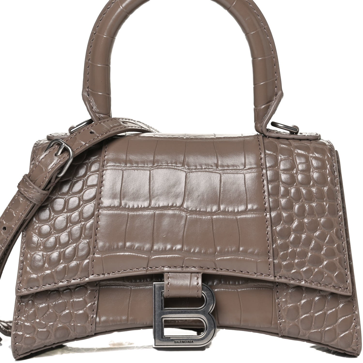 Balenciaga Shiny Calfskin Crocodile Embossed Hourglass Top Handle Bag XS Mink Grey 8 of 13