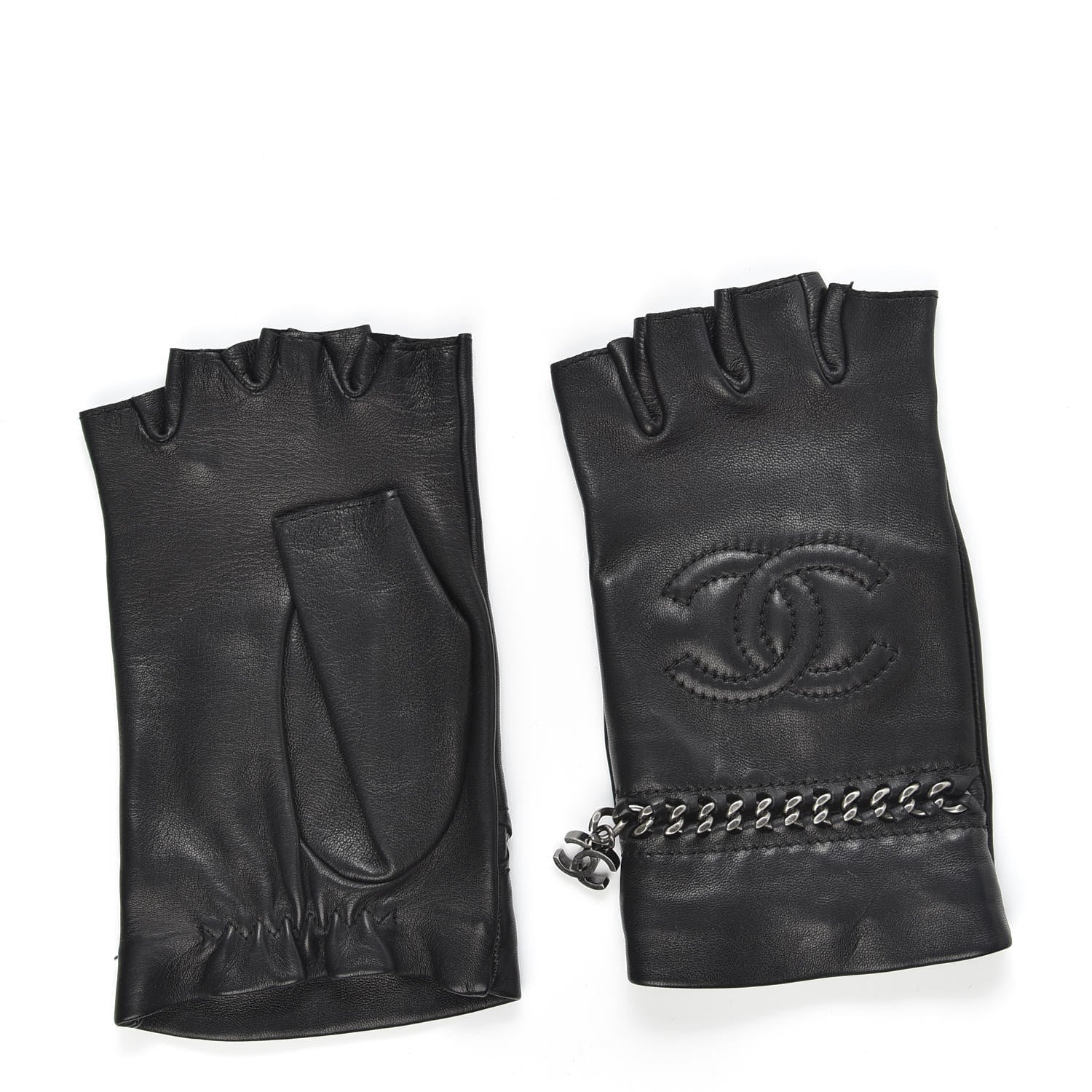 Chanel Lambskin Chain CC Fingerless Gloves 7.5 Black White Pink 2 of 6