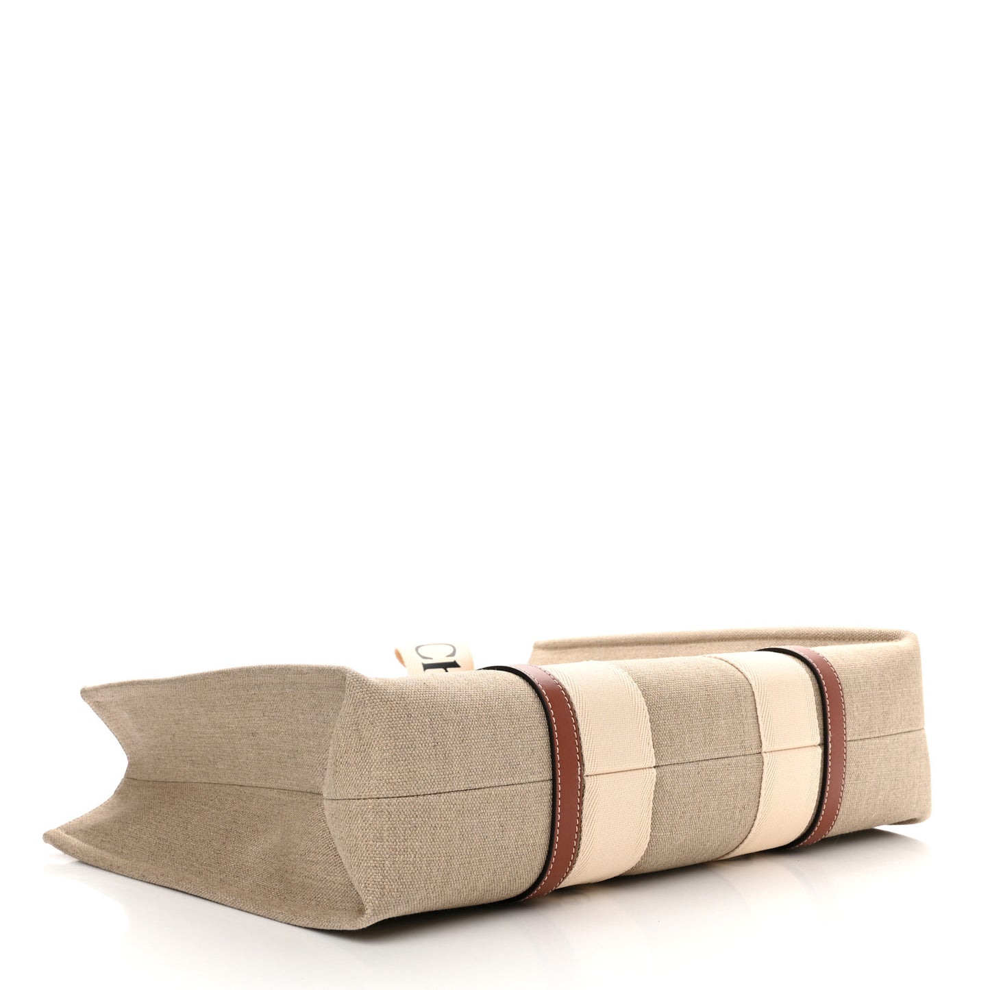 Linen Calfskin Large Woody Ribbon Tote White Brown