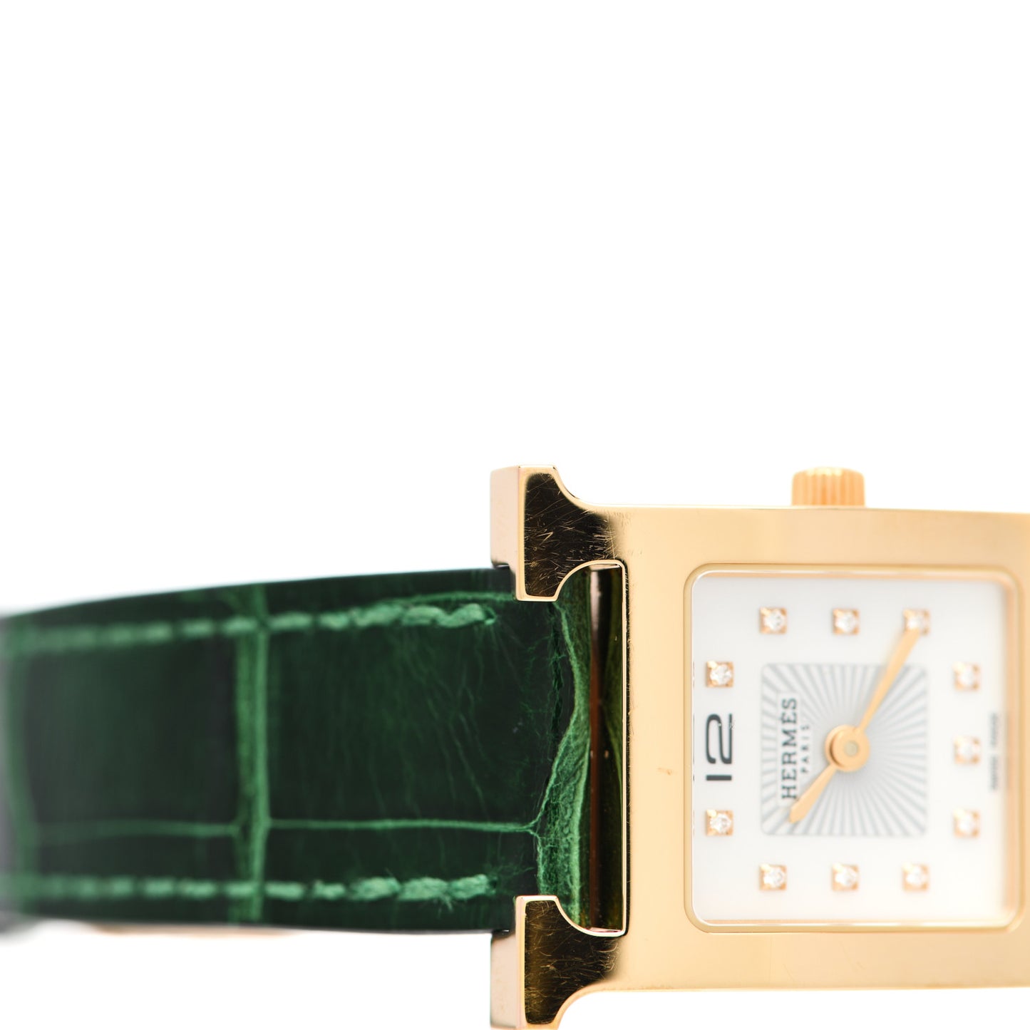 Stainless Steel Alligator Diamond Mother of Pearl 21mm Heure H Hour Quartz Watch Vert Moyen