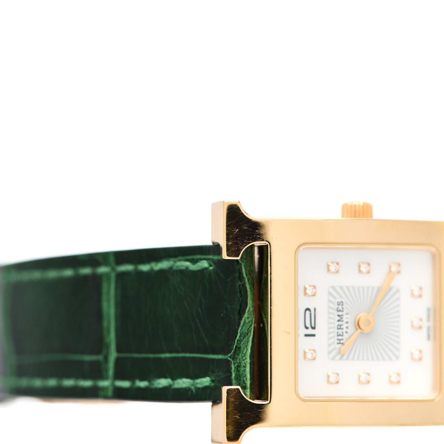 Hermes Stainless Steel Alligator Diamond Mother of Pearl 21mm Heure H Hour Quartz Watch Vert Moyen 6 of 6