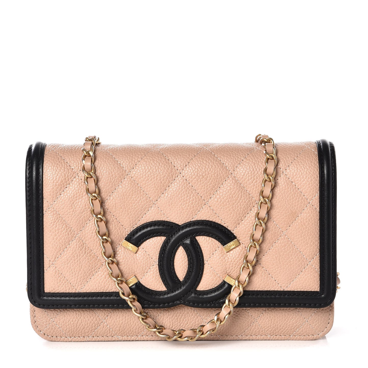 Caviar Quilted CC Filigree Wallet On Chain WOC Beige Black