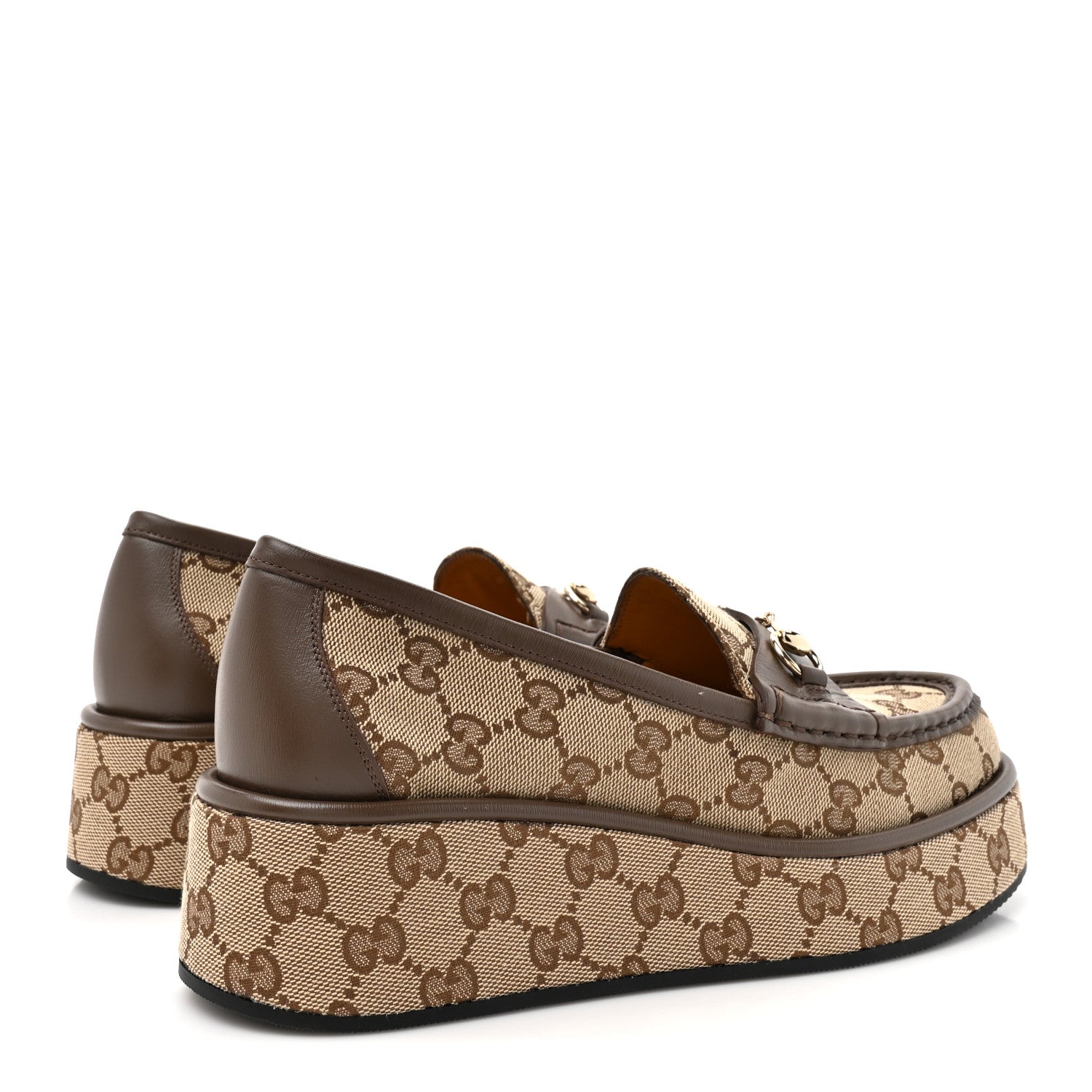 Gucci Monogram Horsebit Calfskin Womens Horsebit Wedge Platform Loafers 38 Beige Ebony 5 of 10