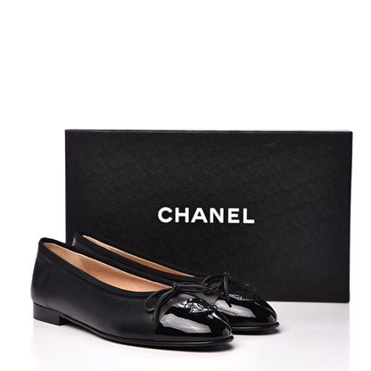 Chanel Lambskin Patent Cap Toe Ballerina Flats 37 Black 9 of 9