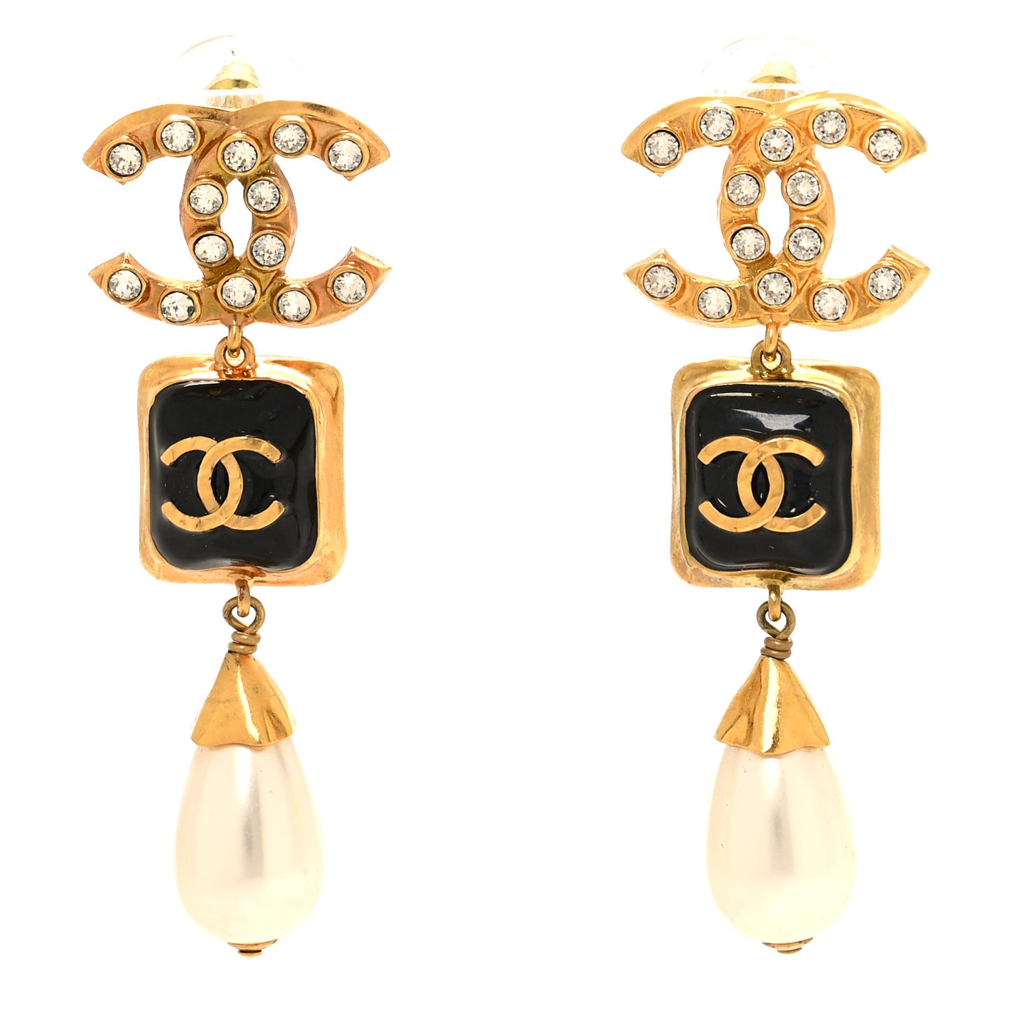 Metal Resin Pearl Crystal CC Drop Earrings Gold Black Pearly White