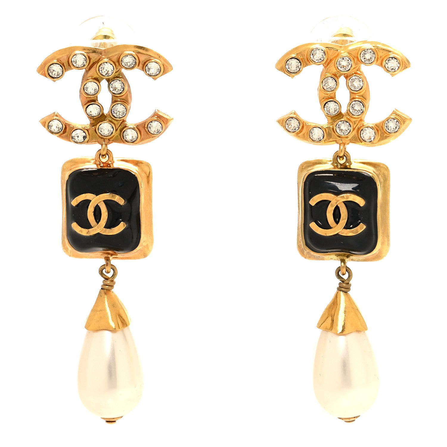 Chanel Metal Resin Pearl Crystal CC Drop Earrings Gold Black Pearly White 1 of 5