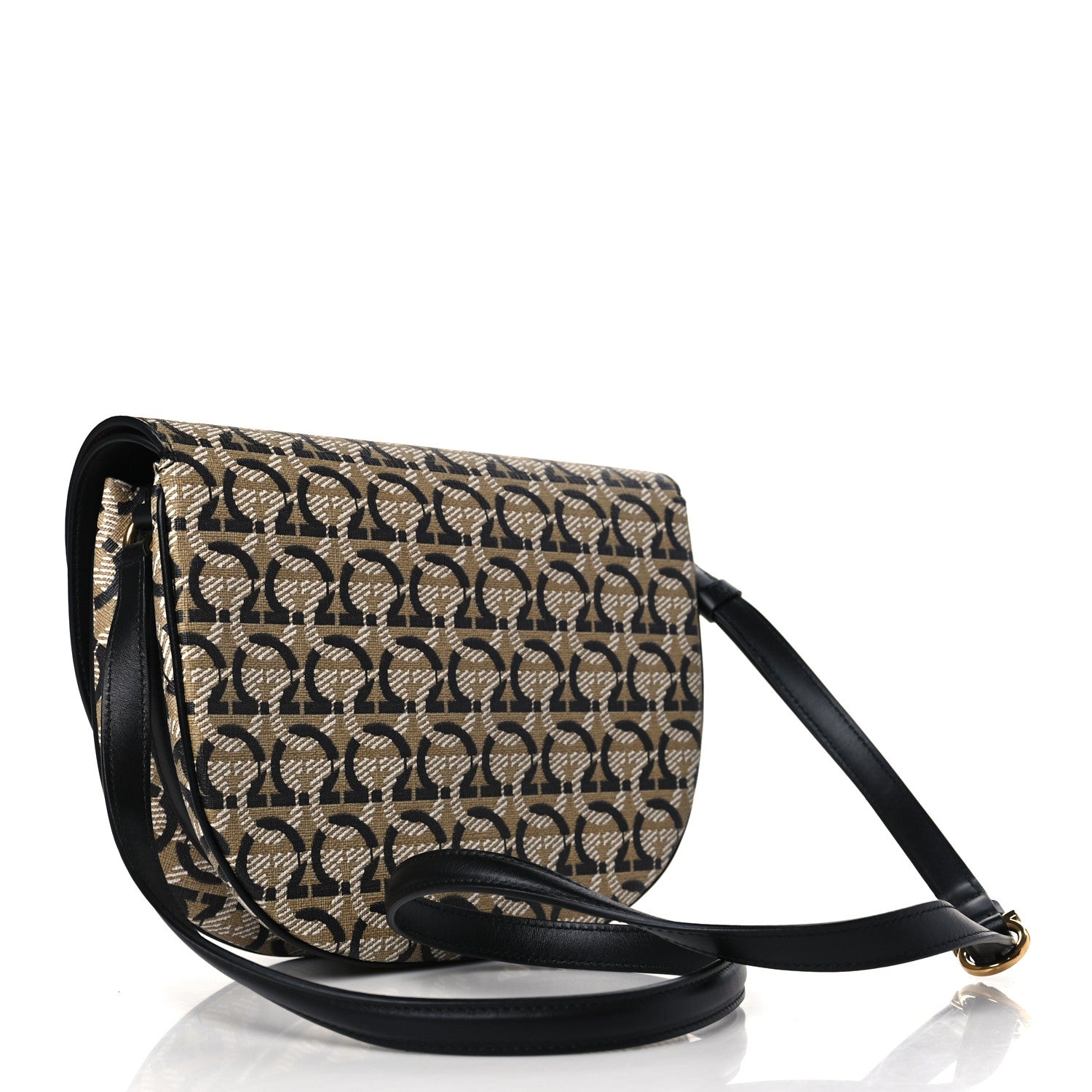 Salvatore Ferragamo Canvas Calfskin Gancini Saddle Bag Black Beige 3 of 10