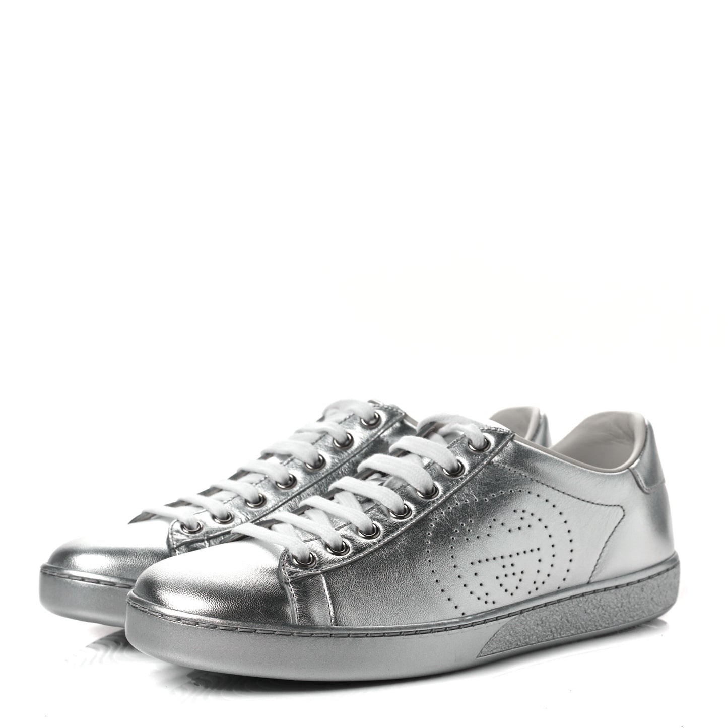 Metallic Nappa Interlocking G Perforated Womens Ace Sneakers 37.5 Silver