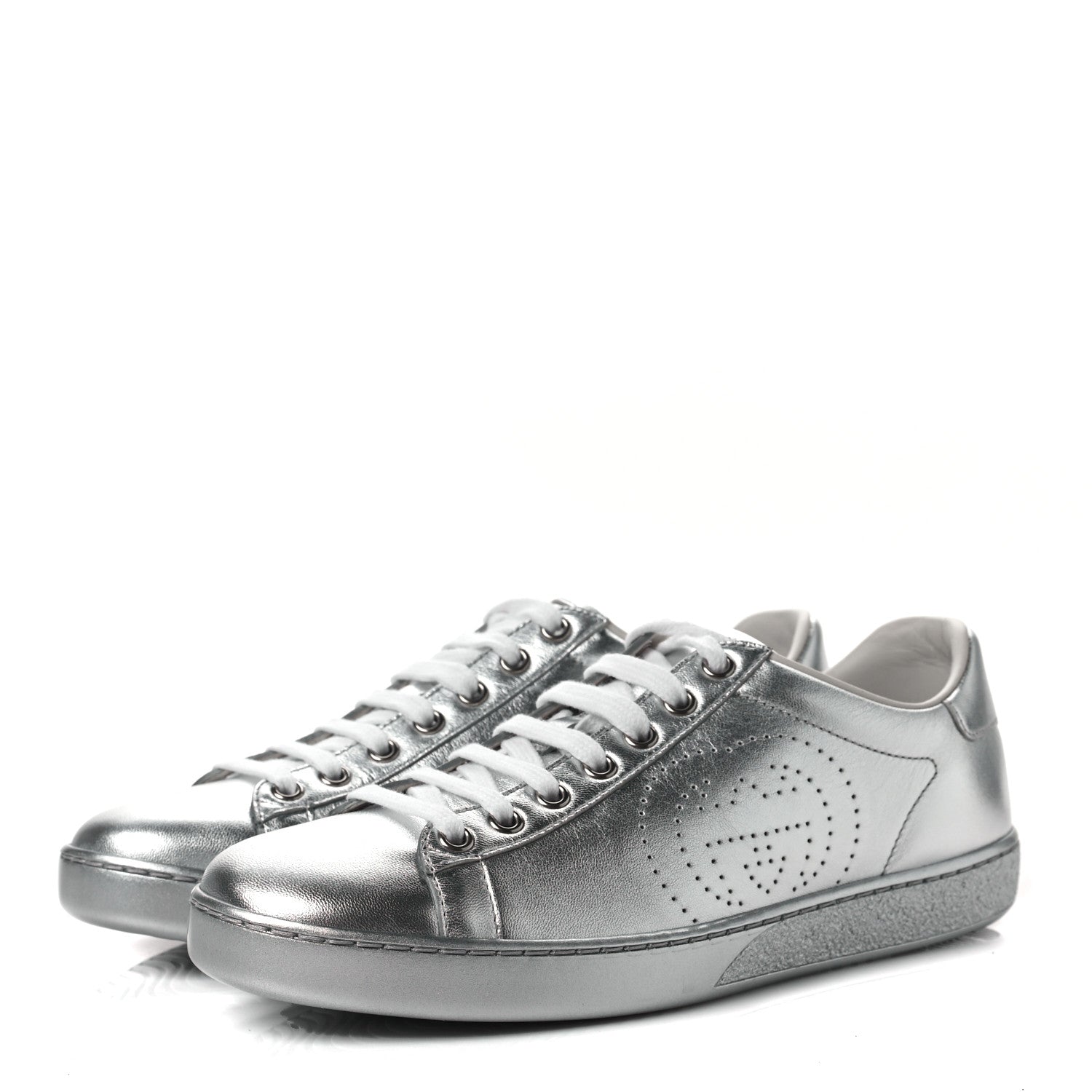Gucci Metallic Nappa Interlocking G Perforated Womens Ace Sneakers 37.5 Silver 2 of 8