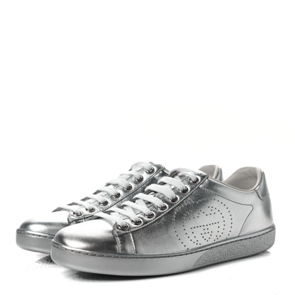 Gucci Metallic Nappa Interlocking G Perforated Womens Ace Sneakers 37.5 Silver 2 of 8