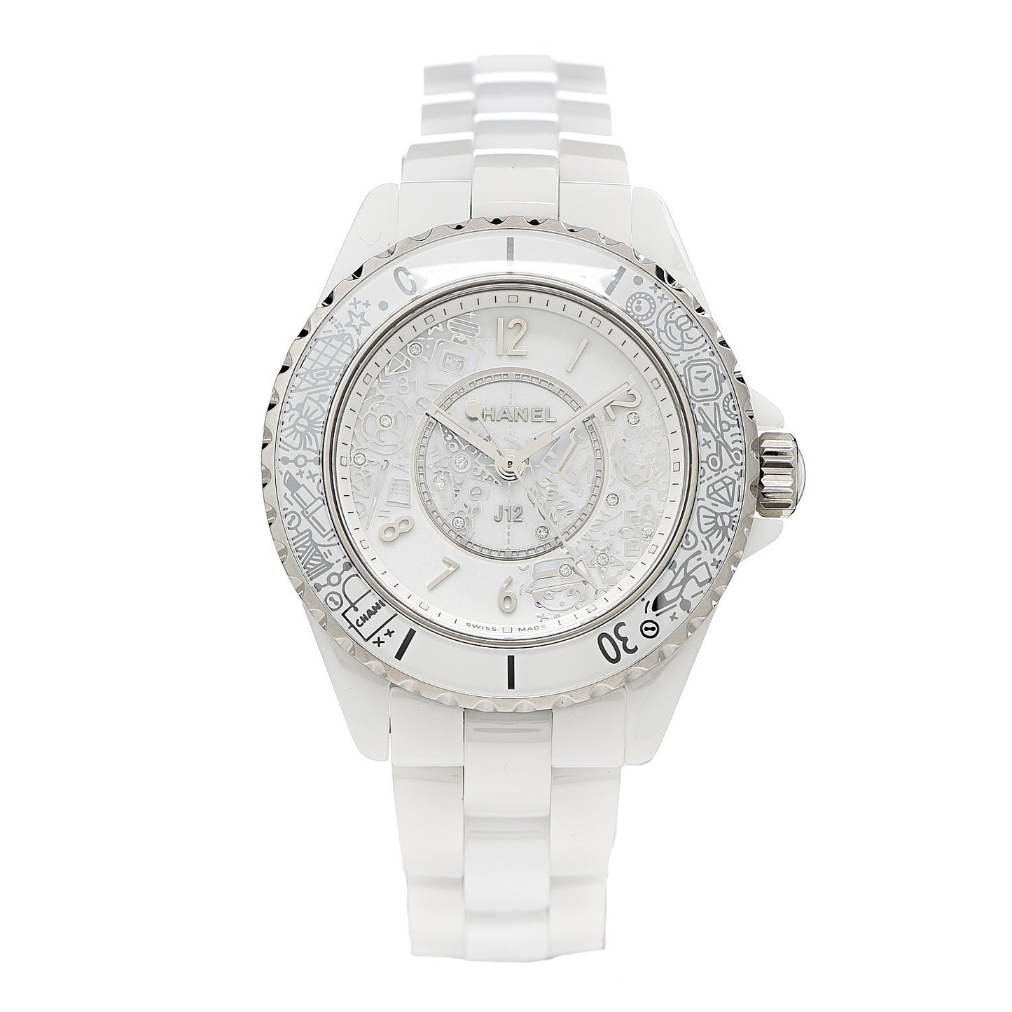 Stainless Steel Ceramic Diamond 33mm J12 Limited Edition Quartz Watch White