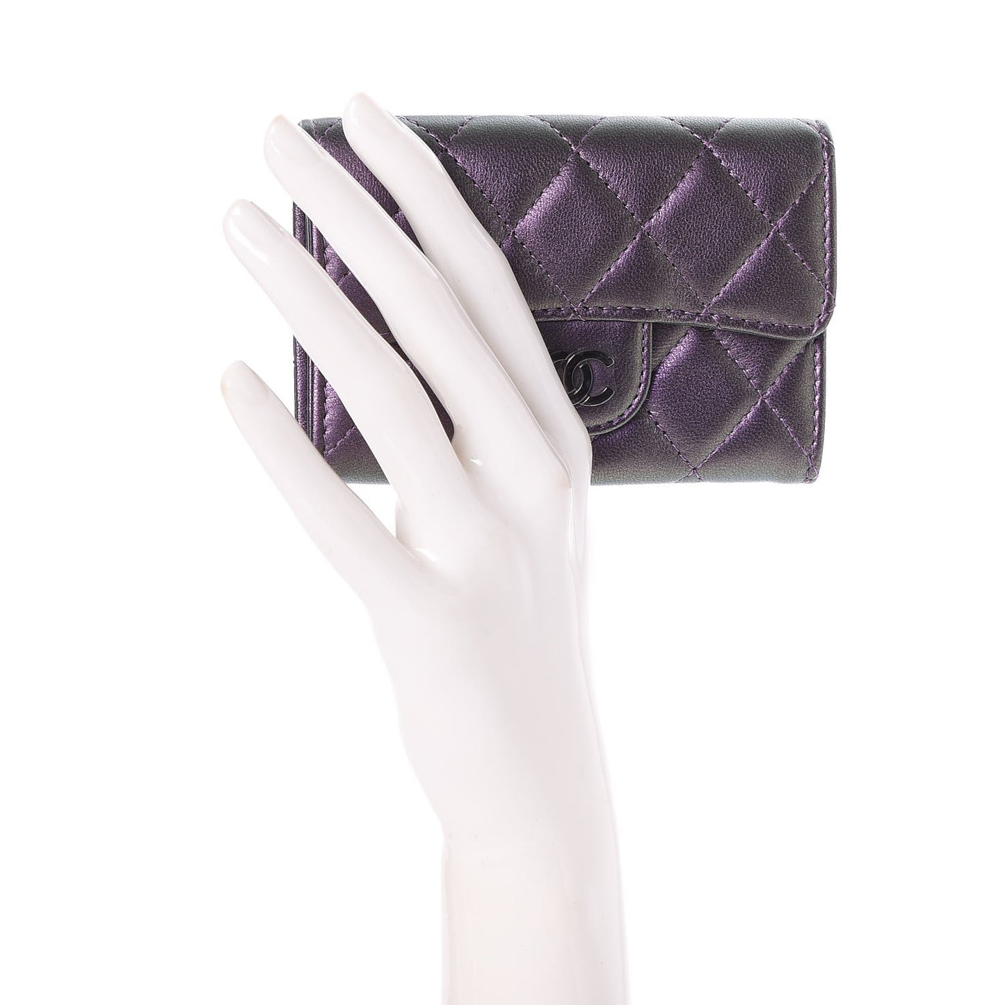 Metallic Lambskin Quilted Flap Card Holder Dark Purple