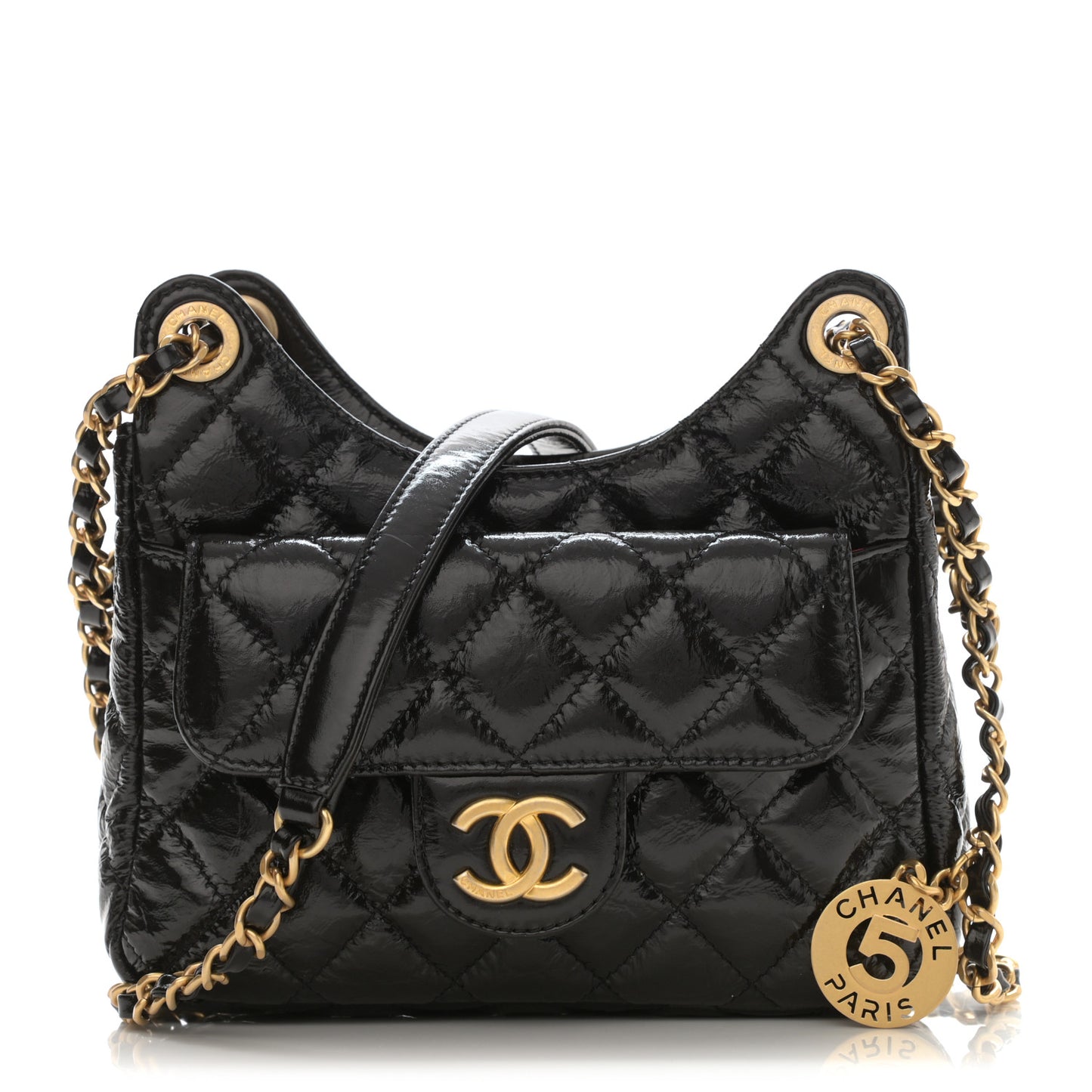 Shiny Crumpled Calfskin Quilted Small Wavy CC Hobo Black