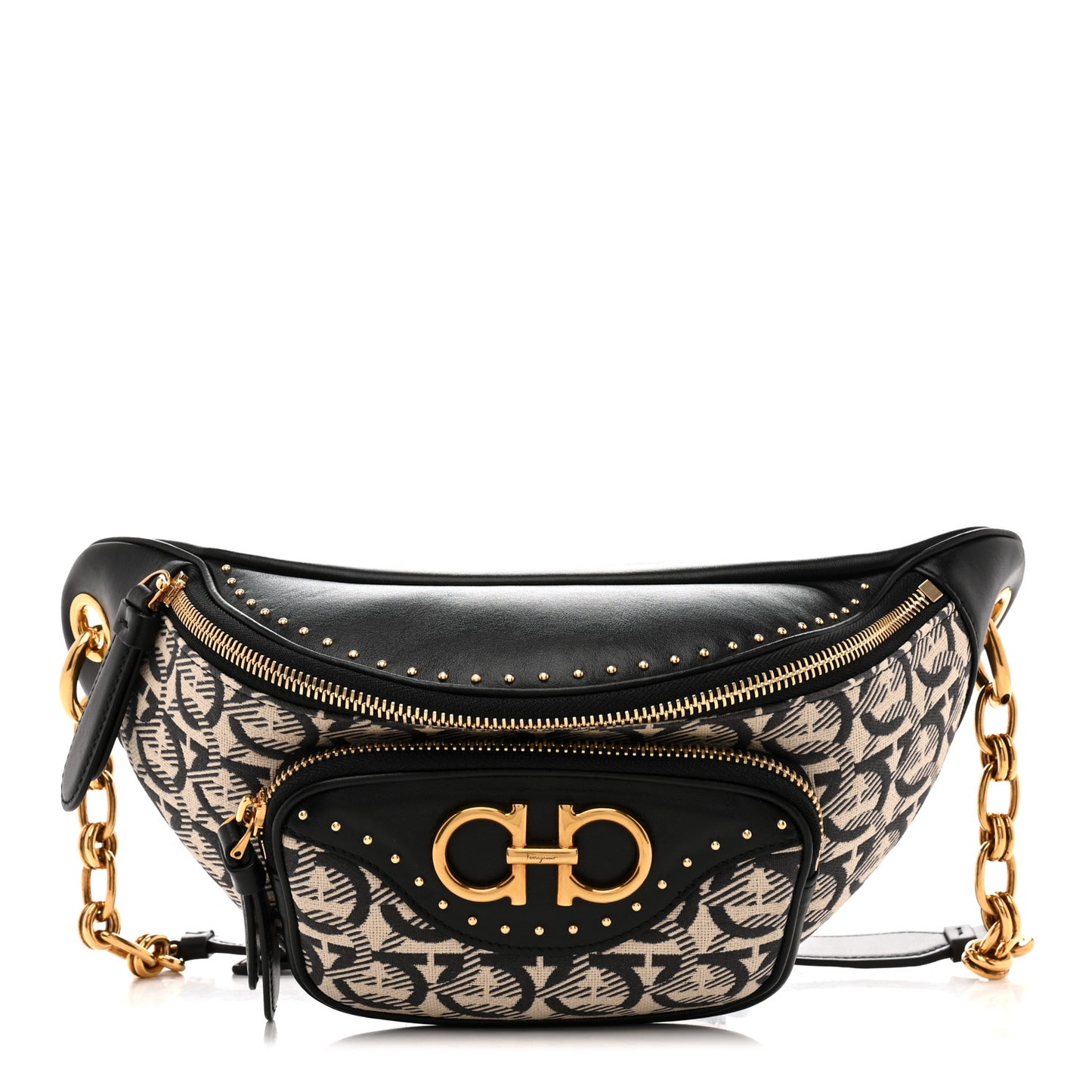 Canvas Calfskin Gancini Studded Waist Bag Black Beige