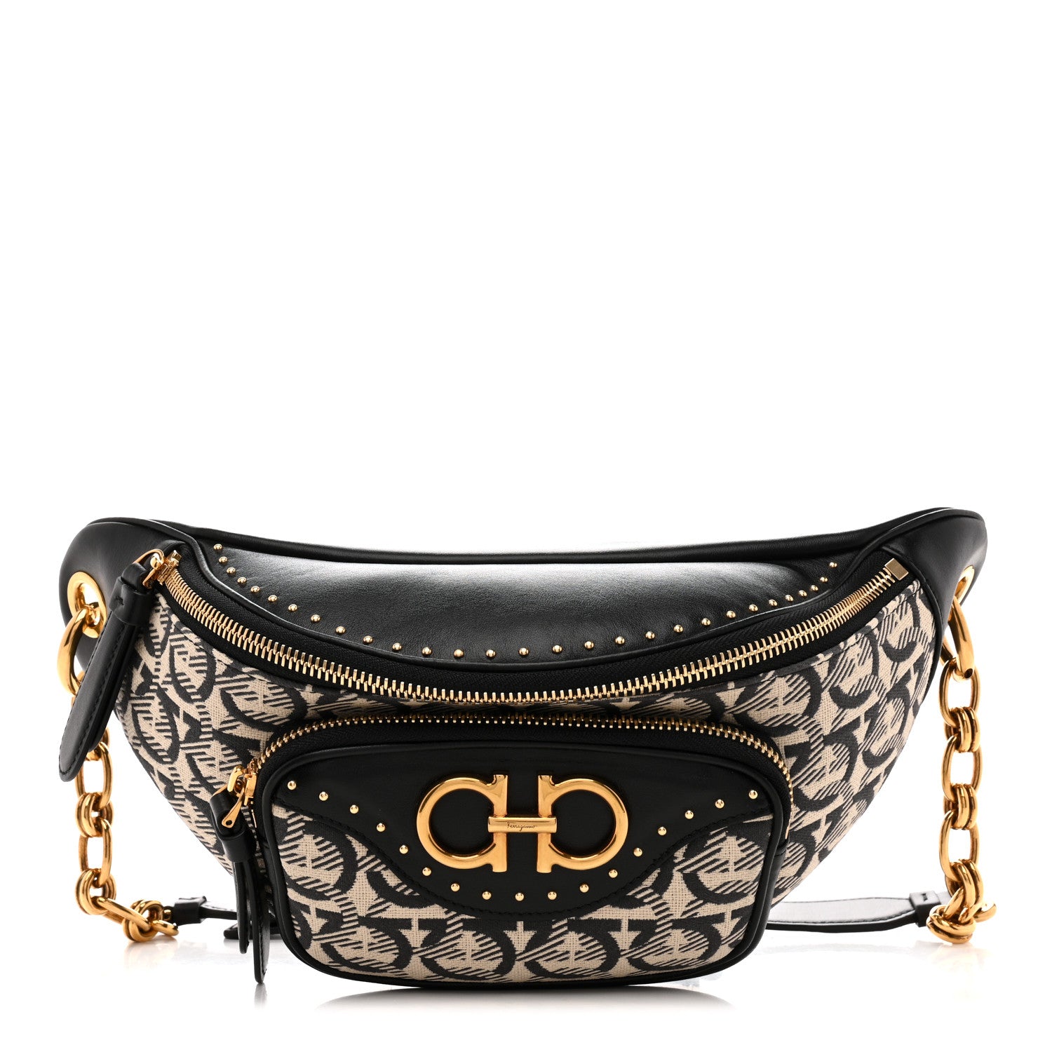 Salvatore Ferragamo Canvas Calfskin Gancini Studded Waist Bag Black Beige 1 of 10