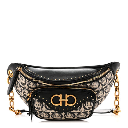 Salvatore Ferragamo Canvas Calfskin Gancini Studded Waist Bag Black Beige 1 of 10