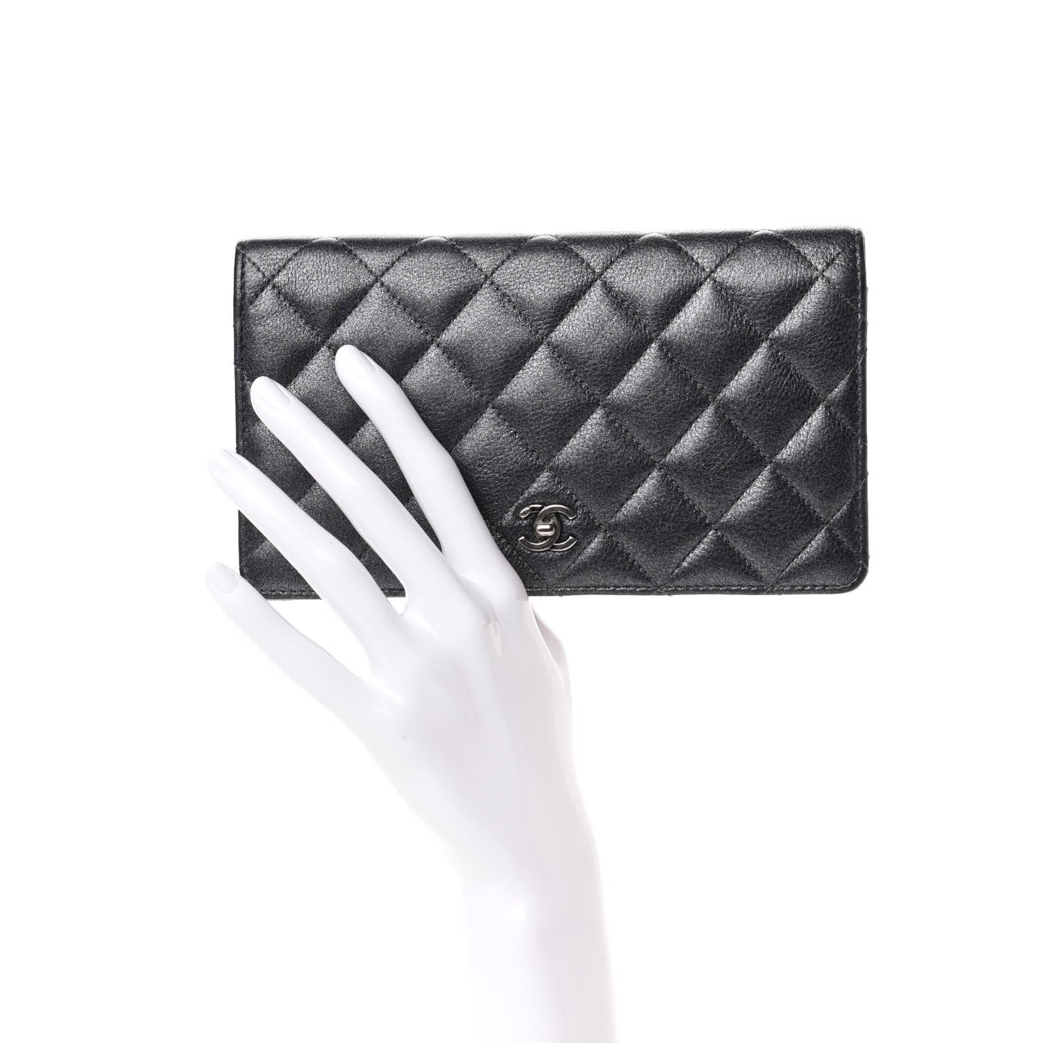 Chanel Metallic Calfskin Quilted Yen Wallet Charcoal 2 of 8