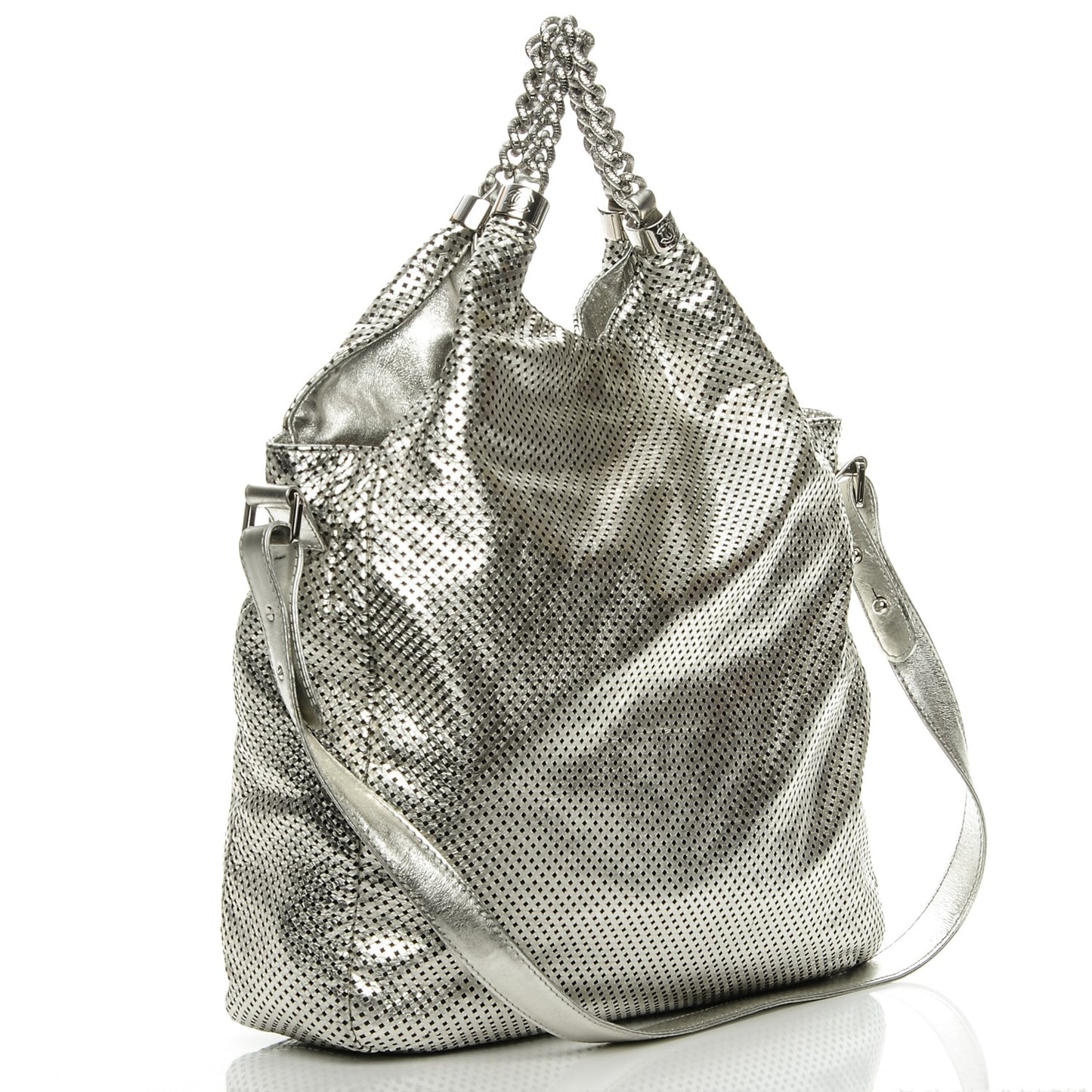 Metallic Glazed Calfskin Perforated Medium Rodeo Drive Tote Silver
