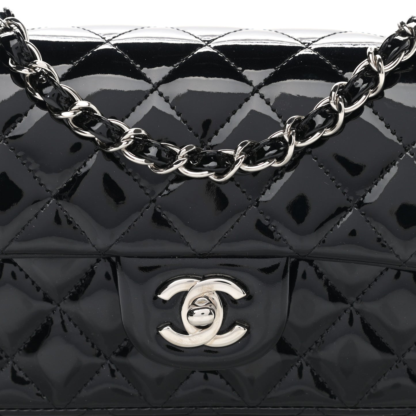 Patent Calfskin Quilted Mini Rectangular Flap Black