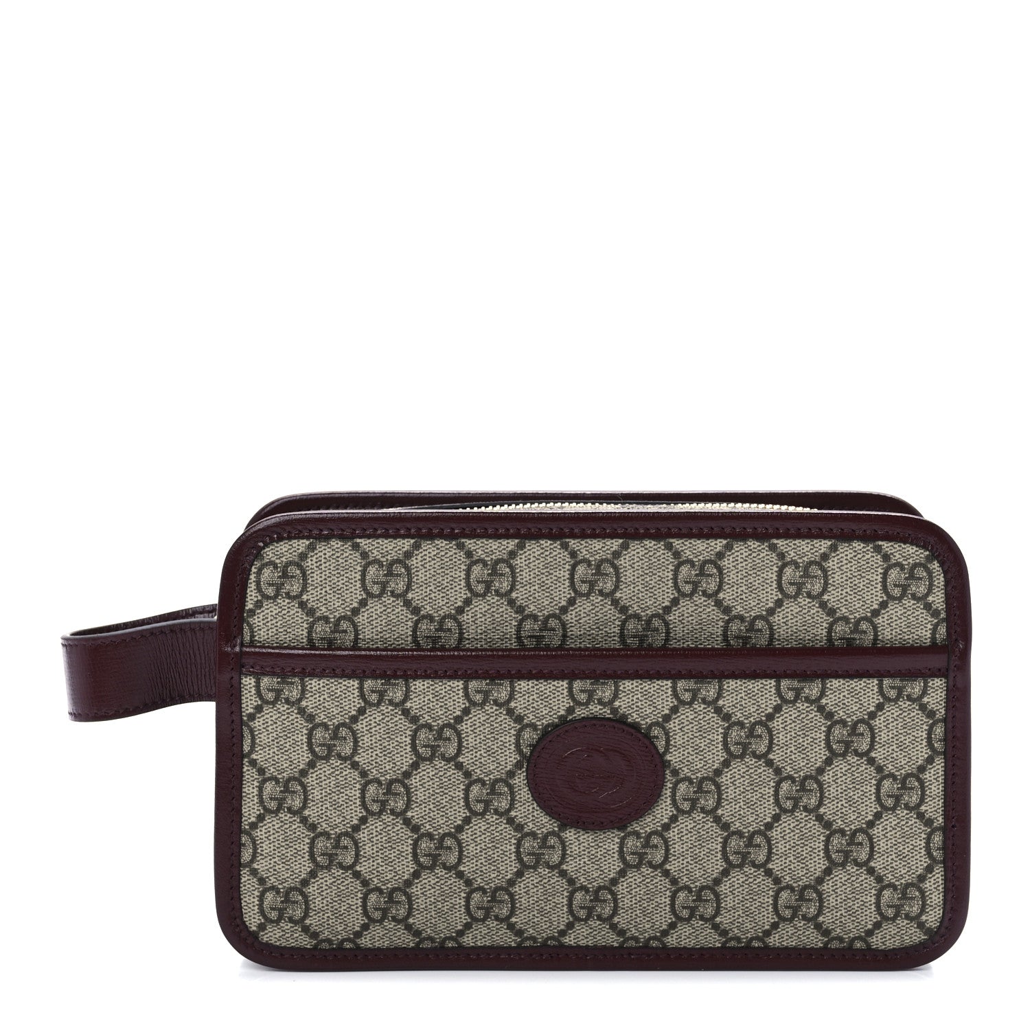 Gucci GG Supreme Monogram Textured Calfskin Retro Interlocking G Travel Pouch Beige Ebony Burgundy 1 of 11