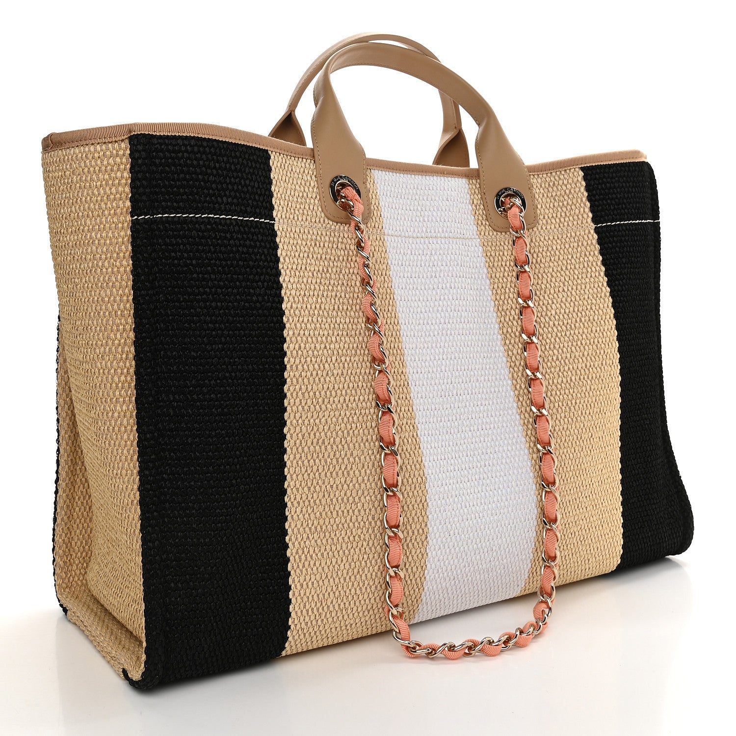Chanel Straw Raffia Calfskin Striped Large Deauville Tote Black Beige Ivory 3 of 9