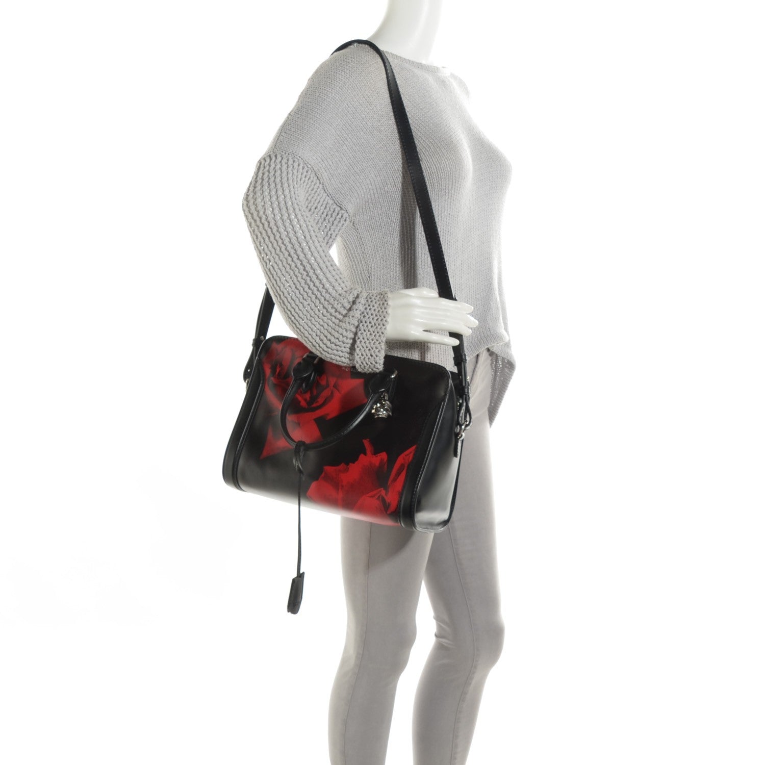 Alexander McQueen Smooth Calfskin Small Rose Skull Padlock Zip Around Tote Black Red 2 of 7