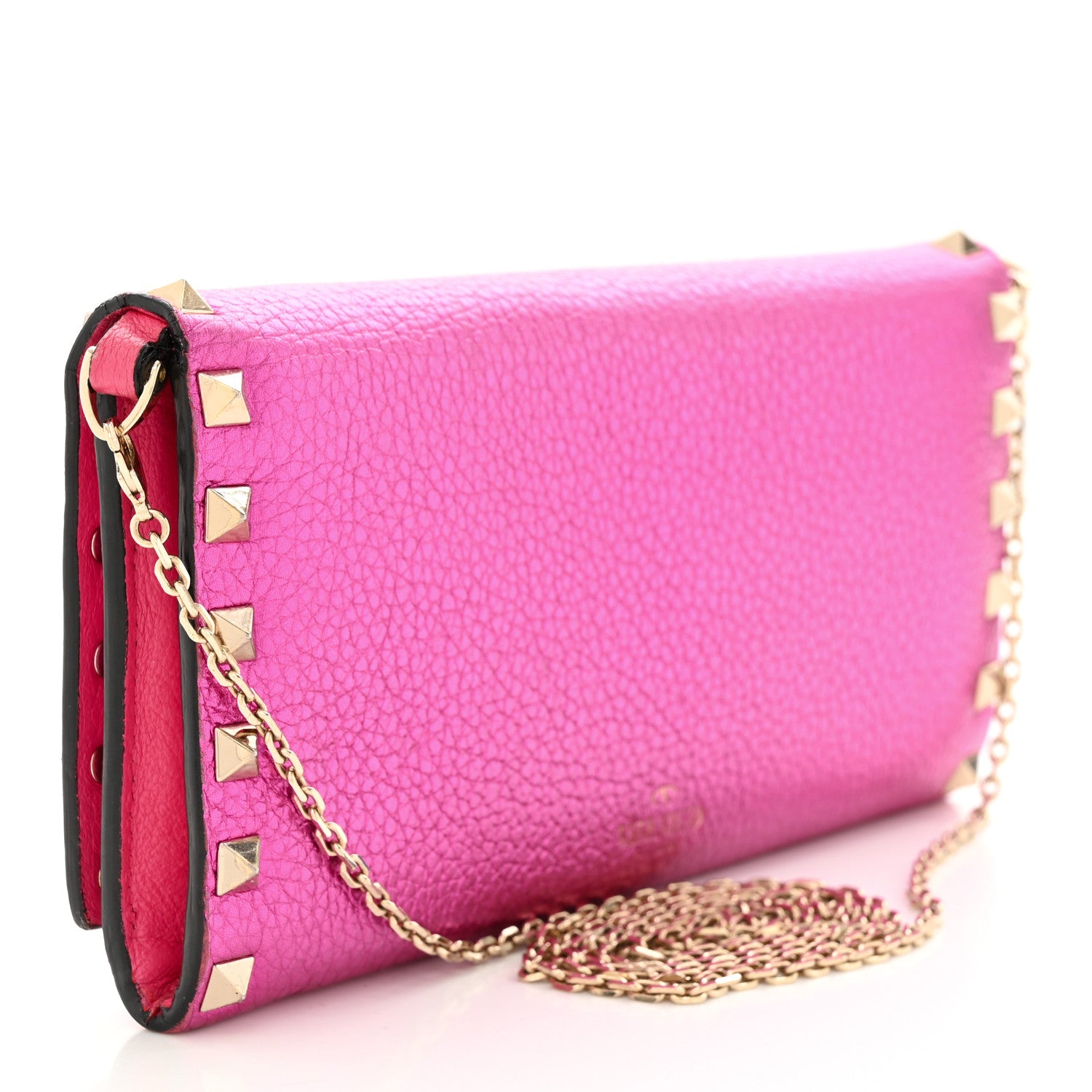 Valentino Garavani Metallic Pebbled Calfskin Rockstud Flap Wallet On Chain Peony 3 of 12