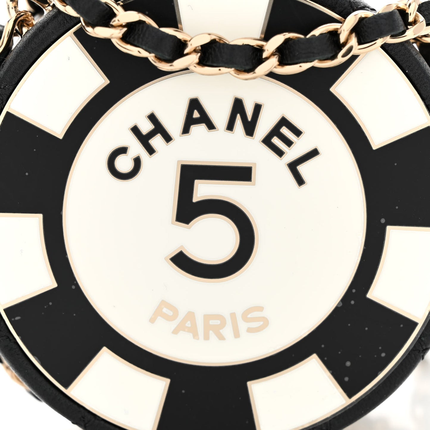 Lambskin Enamel Quilted Round Poker Chip Clutch With Chain Black White