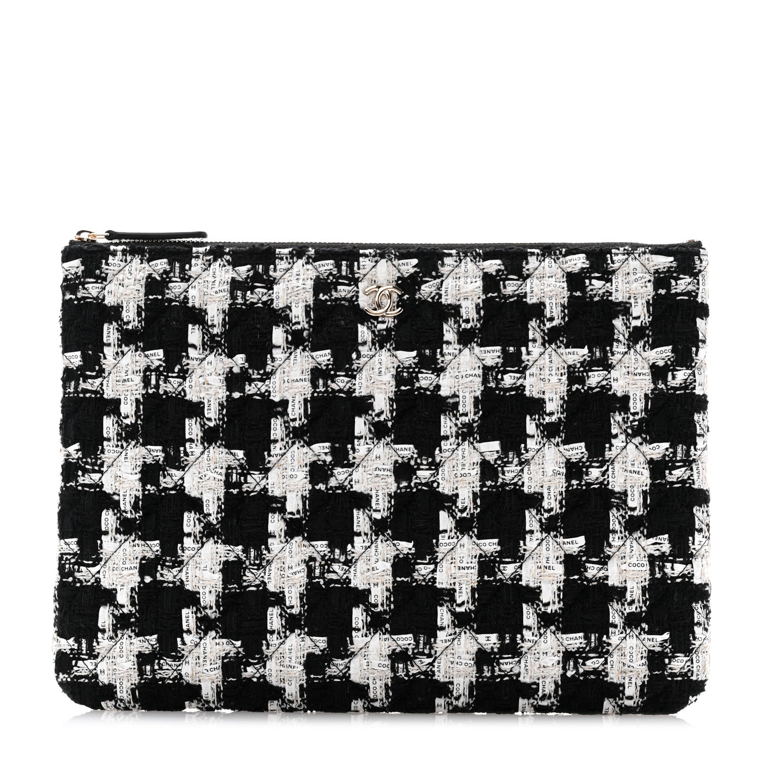 Chanel Tweed Quilted Medium Cosmetic Pouch Black Ecru White 1 of 7