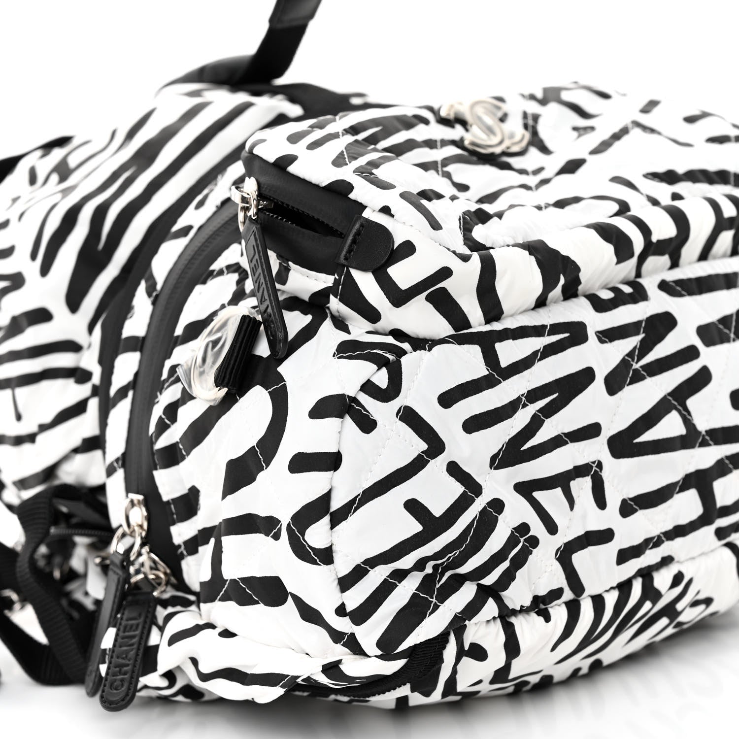 Chanel Nylon Printed Quilted Coco Neige Convertible Backpack Black White 9 of 10