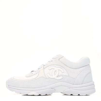Chanel Suede Calfskin Fabric CC Sneakers 38.5 White 1 of 9