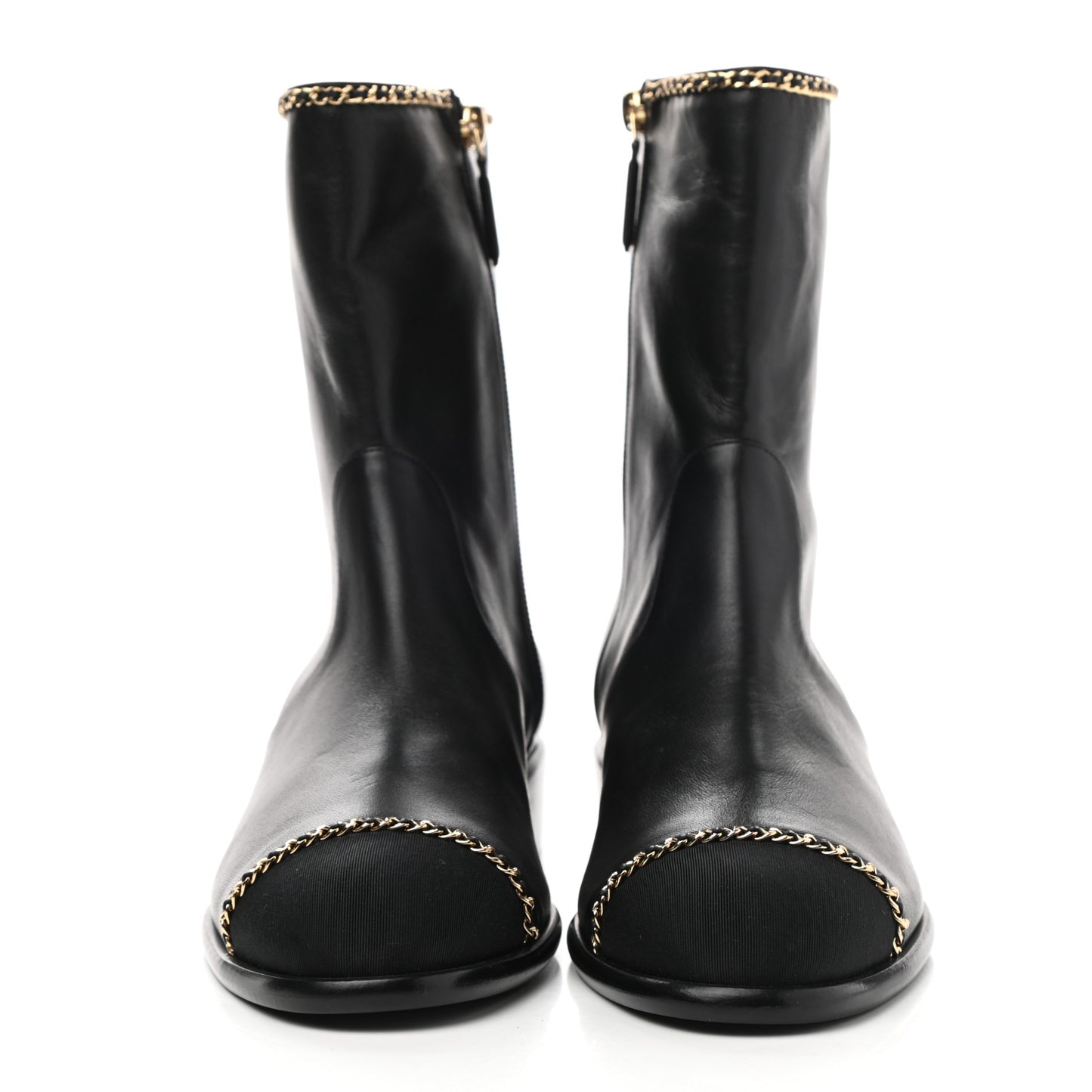 Lambskin Grosgrain Cap Toe Chain Short Boots 40.5 Black