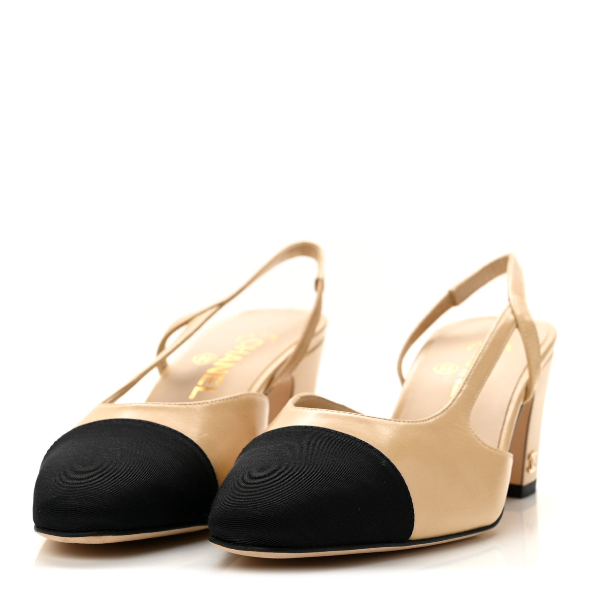 Chanel Goatskin Grosgrain Cap Toe CC Slingback Pumps 38 Beige Black 4 of 10
