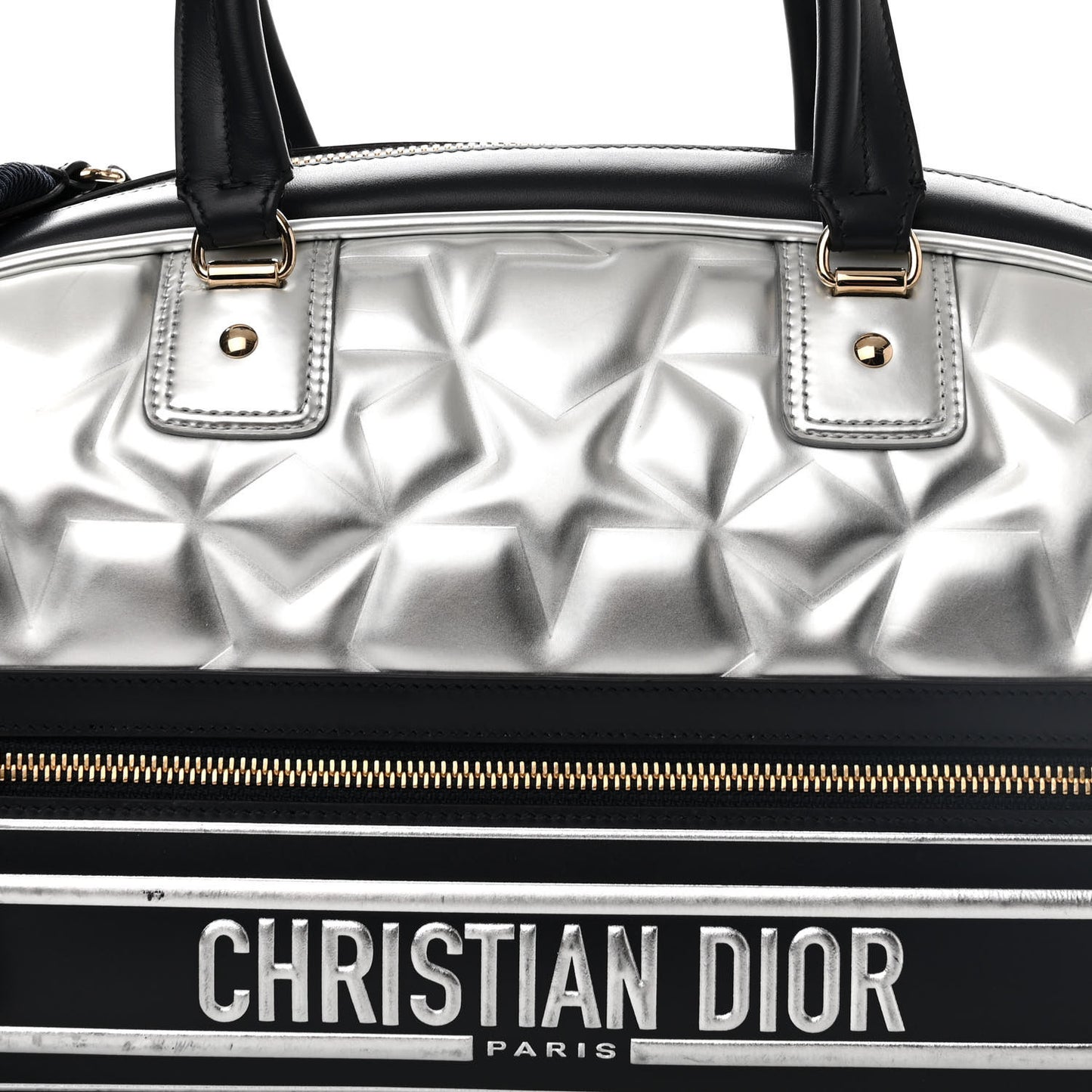 Padded Etoile Calfskin Embossed Medium Dior Vibe Zip Bowling Bag Silver Black